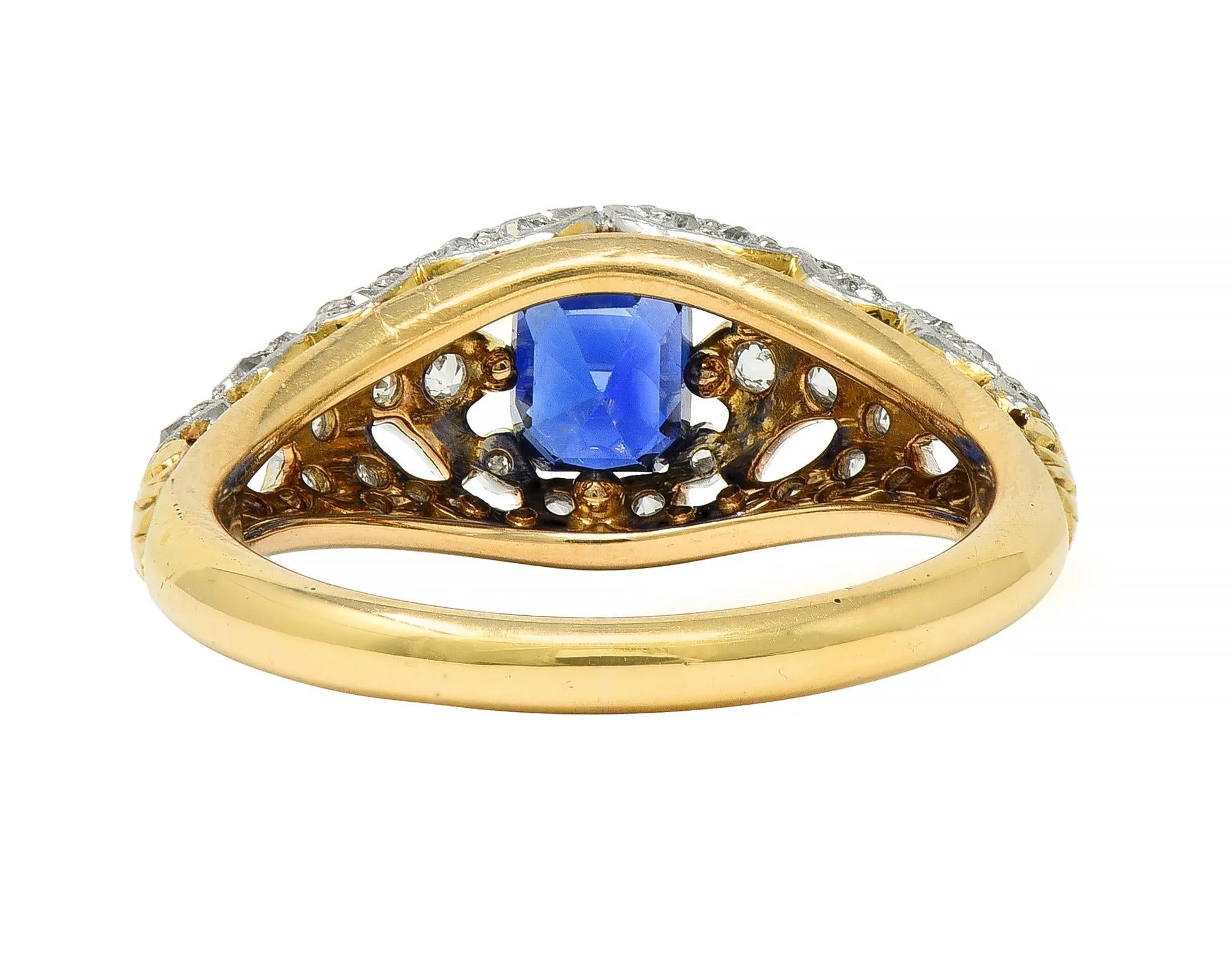 Edwardian 1.36 CTW No Heat Kashmir Sapphire Diamond Platinum 18 Karat Gold Fleur-De-Lis Antique Ring GIA