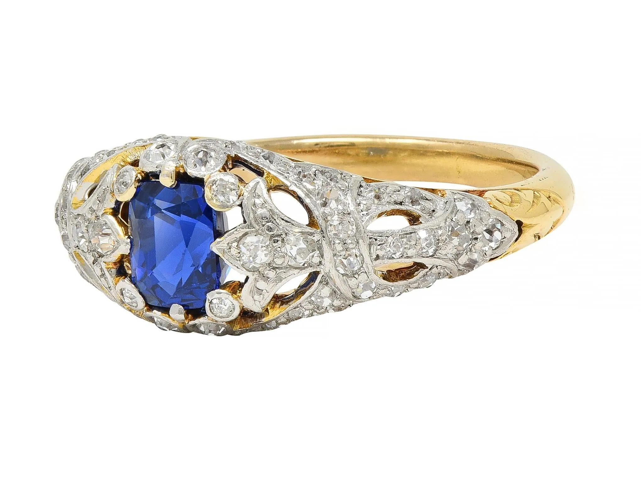 Edwardian 1.36 CTW No Heat Kashmir Sapphire Diamond Platinum 18 Karat Gold Fleur-De-Lis Antique Ring GIA