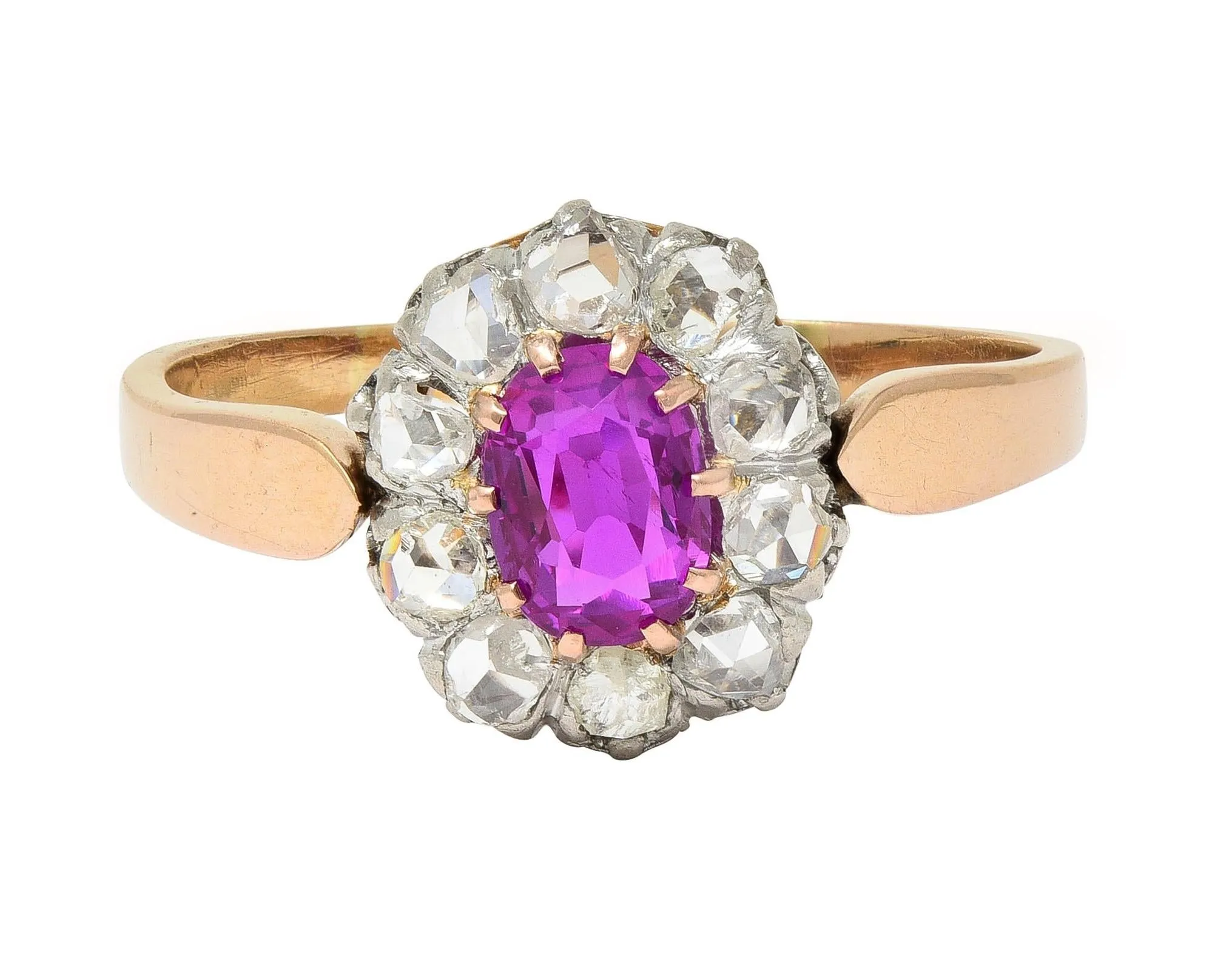 Edwardian 2.00 CTW No Heat Burma Pink Sapphire Diamond Platinum 14 Karat Rose Gold Halo Antique Ring GIA