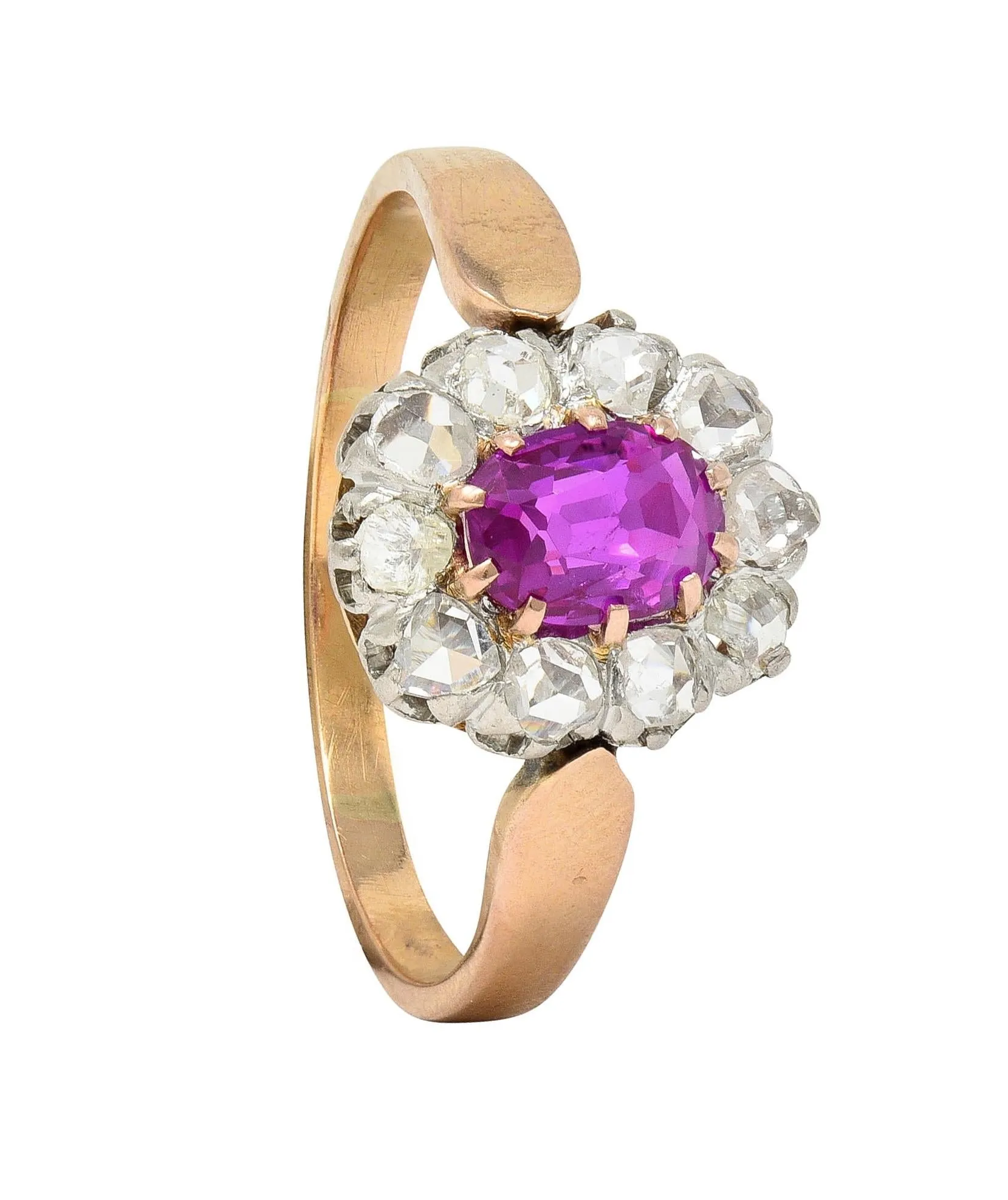 Edwardian 2.00 CTW No Heat Burma Pink Sapphire Diamond Platinum 14 Karat Rose Gold Halo Antique Ring GIA