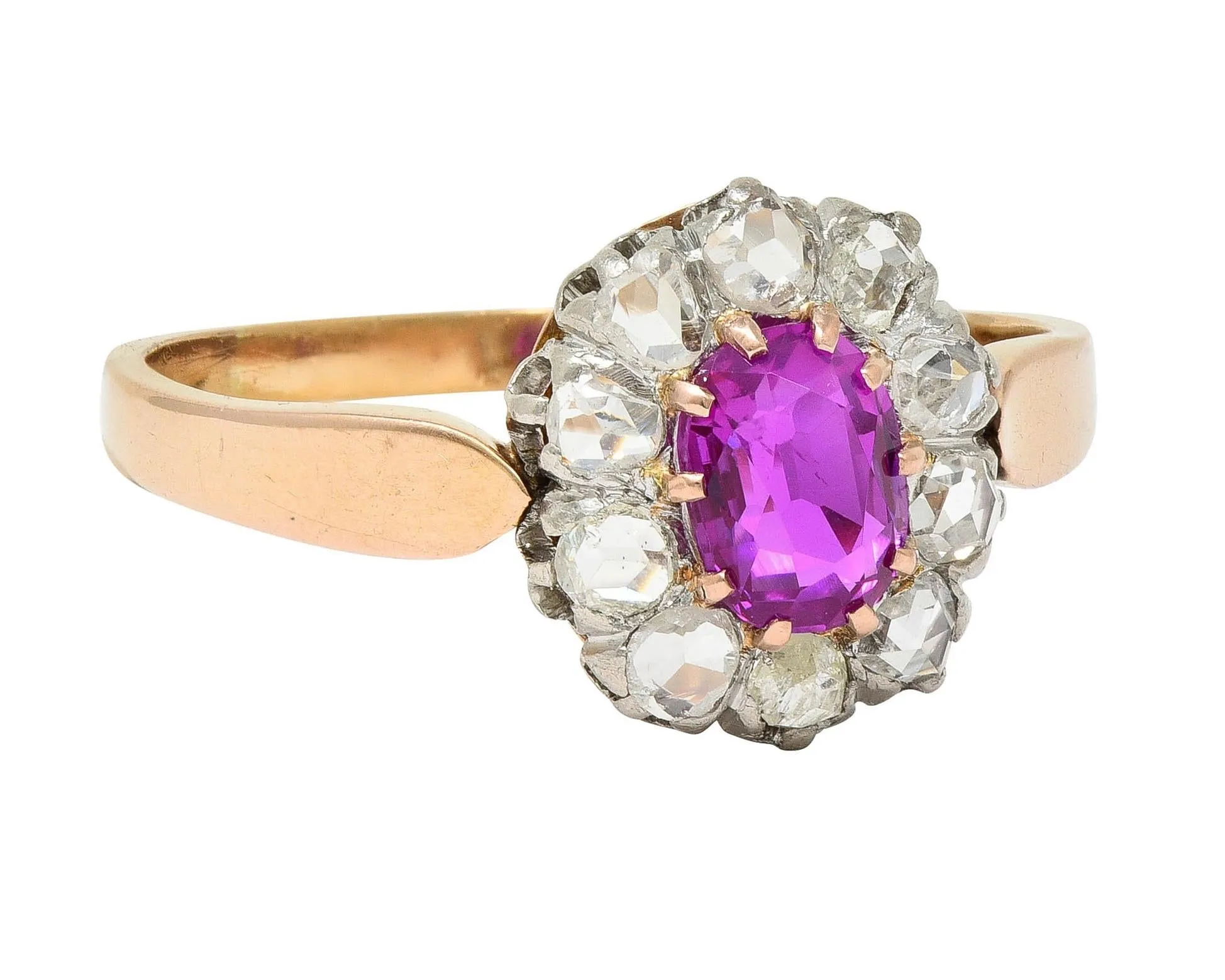 Edwardian 2.00 CTW No Heat Burma Pink Sapphire Diamond Platinum 14 Karat Rose Gold Halo Antique Ring GIA