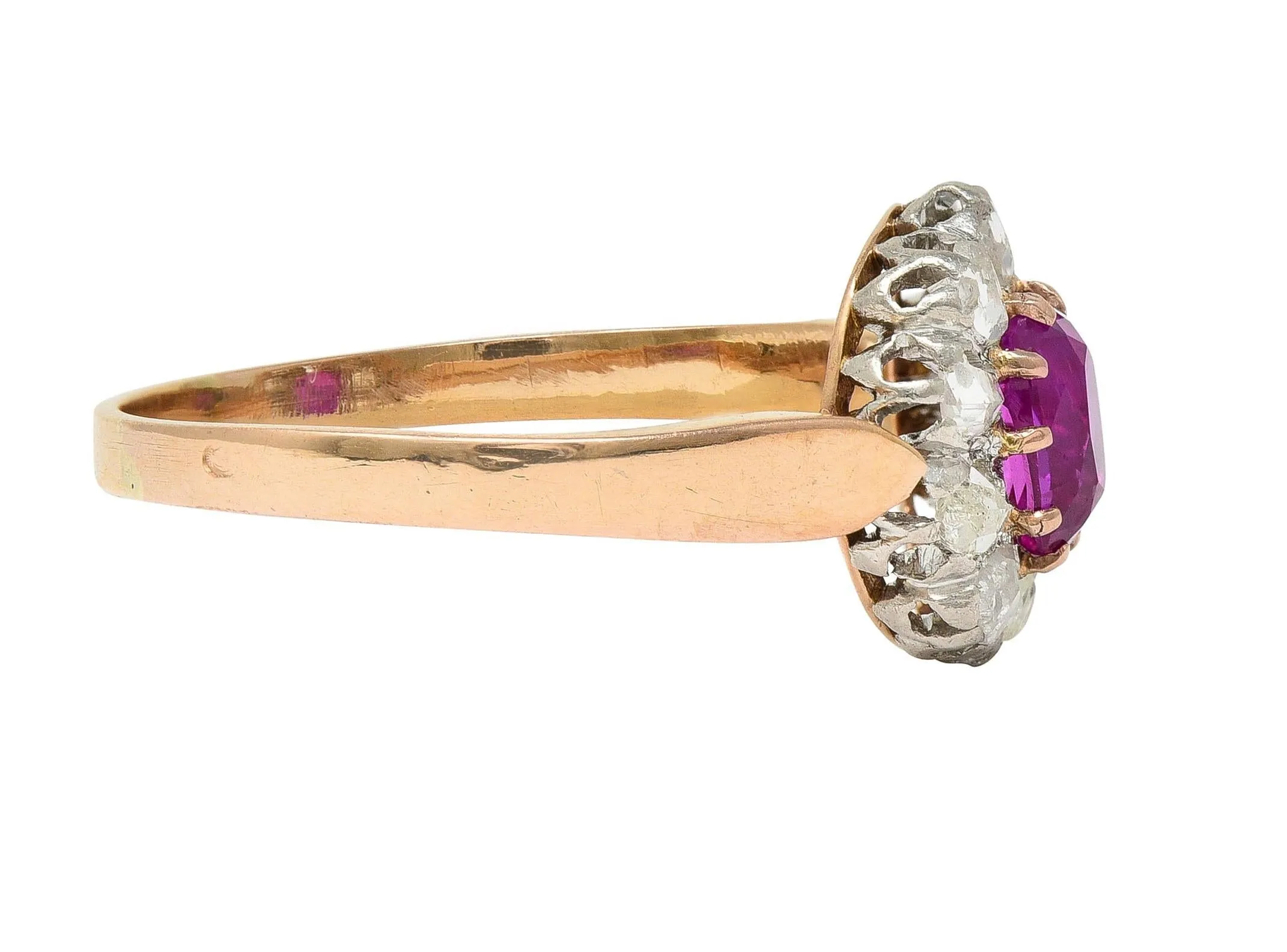 Edwardian 2.00 CTW No Heat Burma Pink Sapphire Diamond Platinum 14 Karat Rose Gold Halo Antique Ring GIA