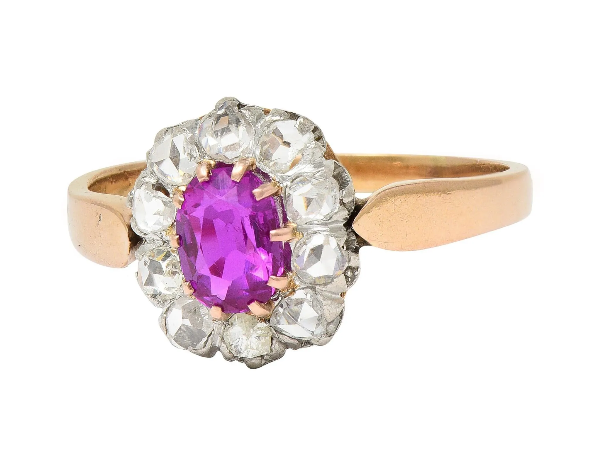 Edwardian 2.00 CTW No Heat Burma Pink Sapphire Diamond Platinum 14 Karat Rose Gold Halo Antique Ring GIA