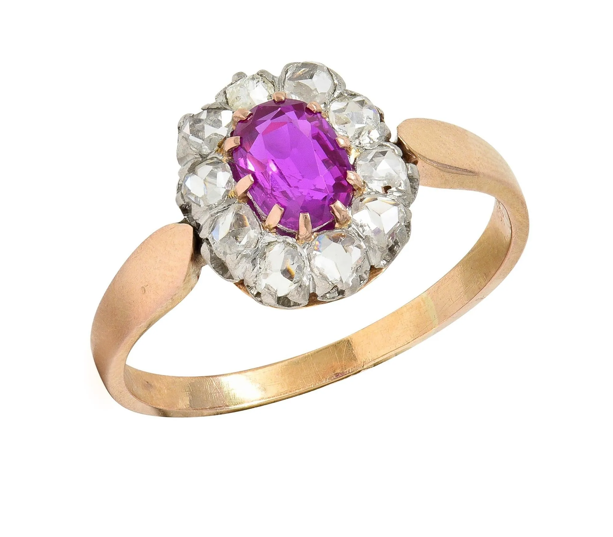 Edwardian 2.00 CTW No Heat Burma Pink Sapphire Diamond Platinum 14 Karat Rose Gold Halo Antique Ring GIA