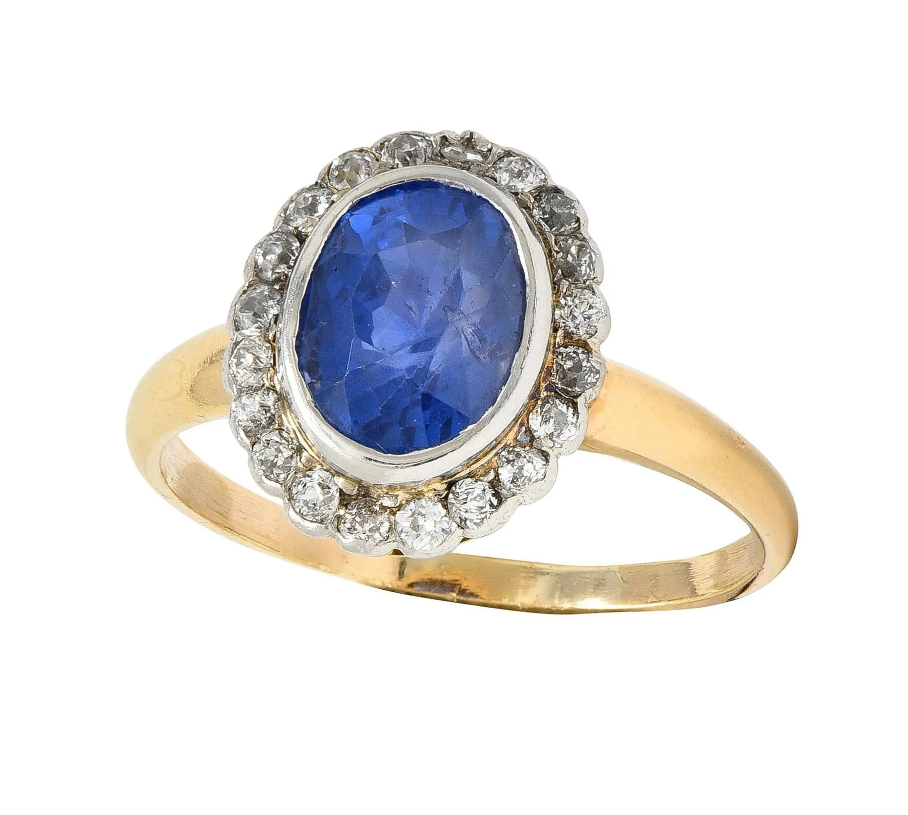 Edwardian 2.50 CTW No Heat Ceylon Sapphire Diamond Platinum 14 Karat Gold Antique Halo Ring GIA