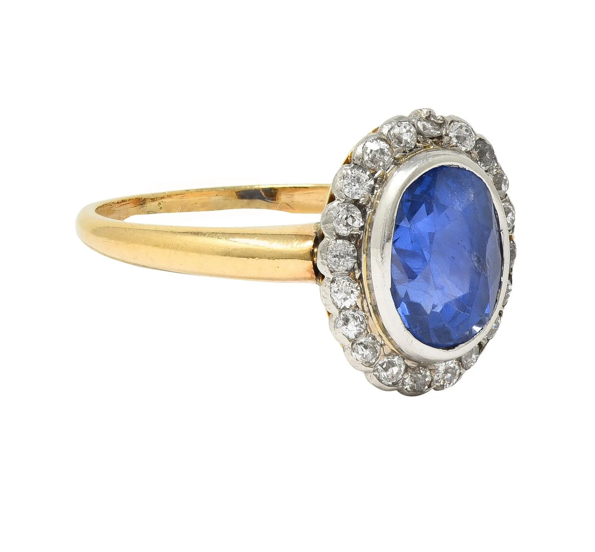 Edwardian 2.50 CTW No Heat Ceylon Sapphire Diamond Platinum 14 Karat Gold Antique Halo Ring GIA