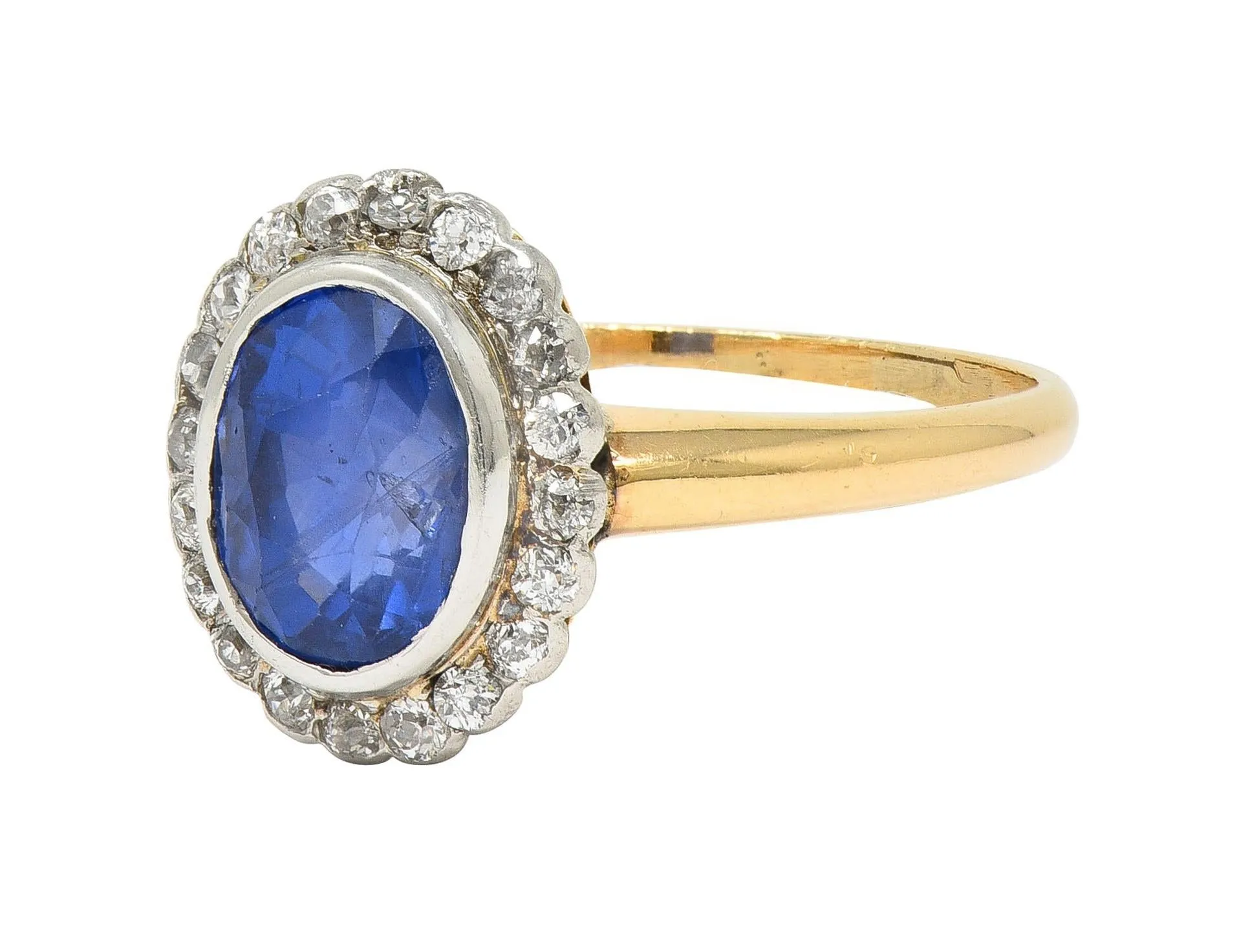 Edwardian 2.50 CTW No Heat Ceylon Sapphire Diamond Platinum 14 Karat Gold Antique Halo Ring GIA