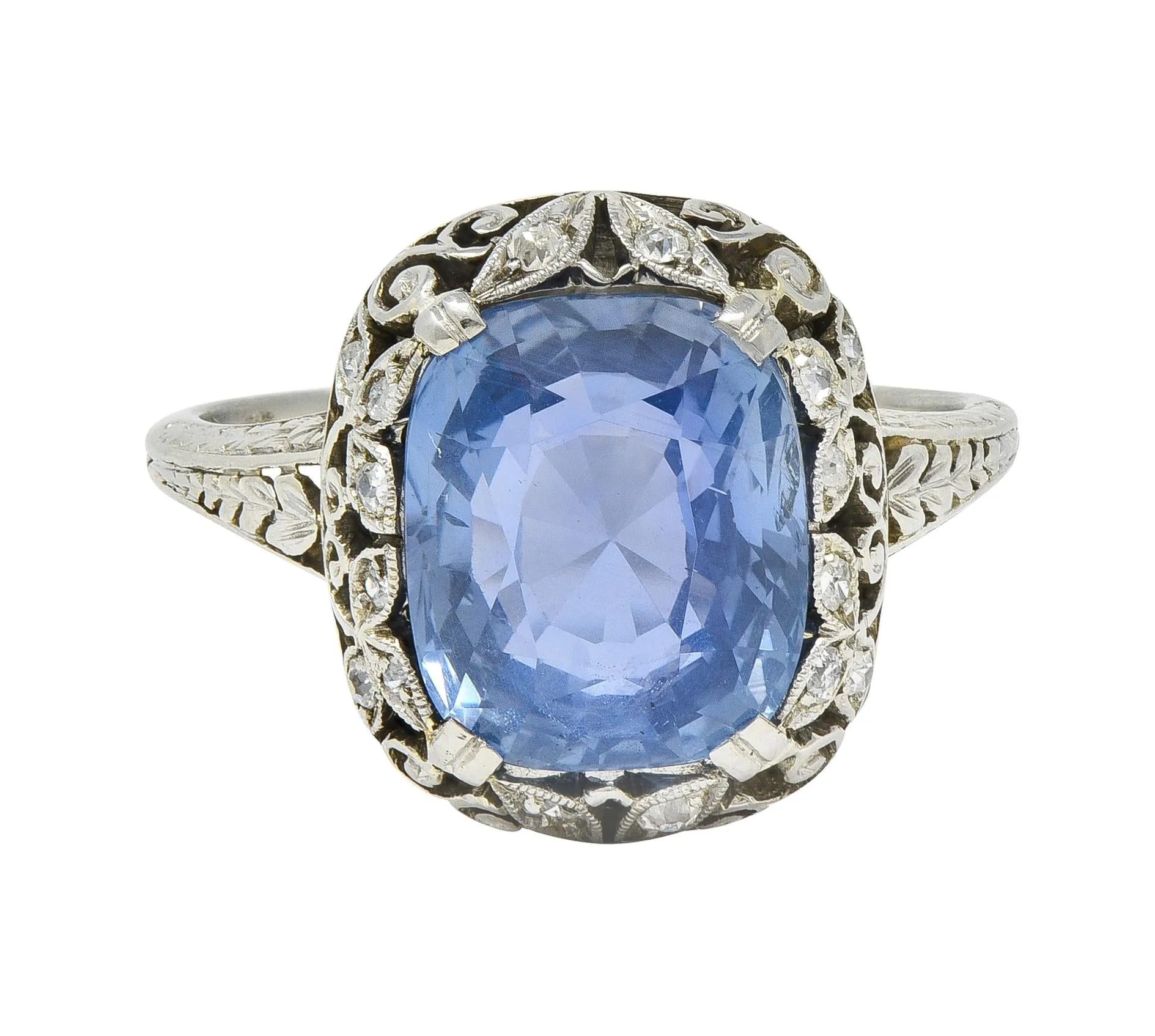 Edwardian 5.15 CTW No Heat Ceylon Sapphire Diamond Platinum Antique Ring GIA