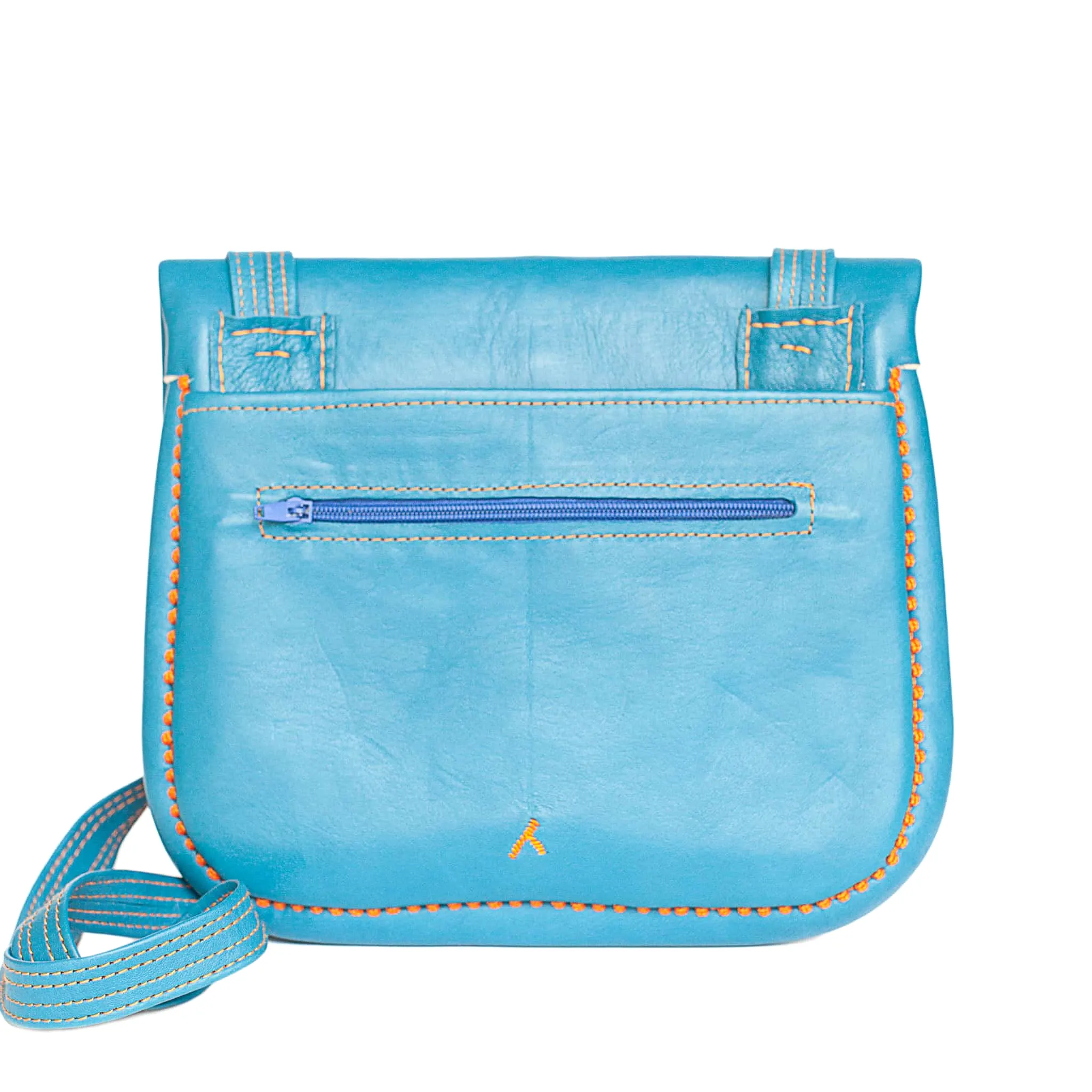 Embroidered Leather Berber Bag in Turquoise, Orange