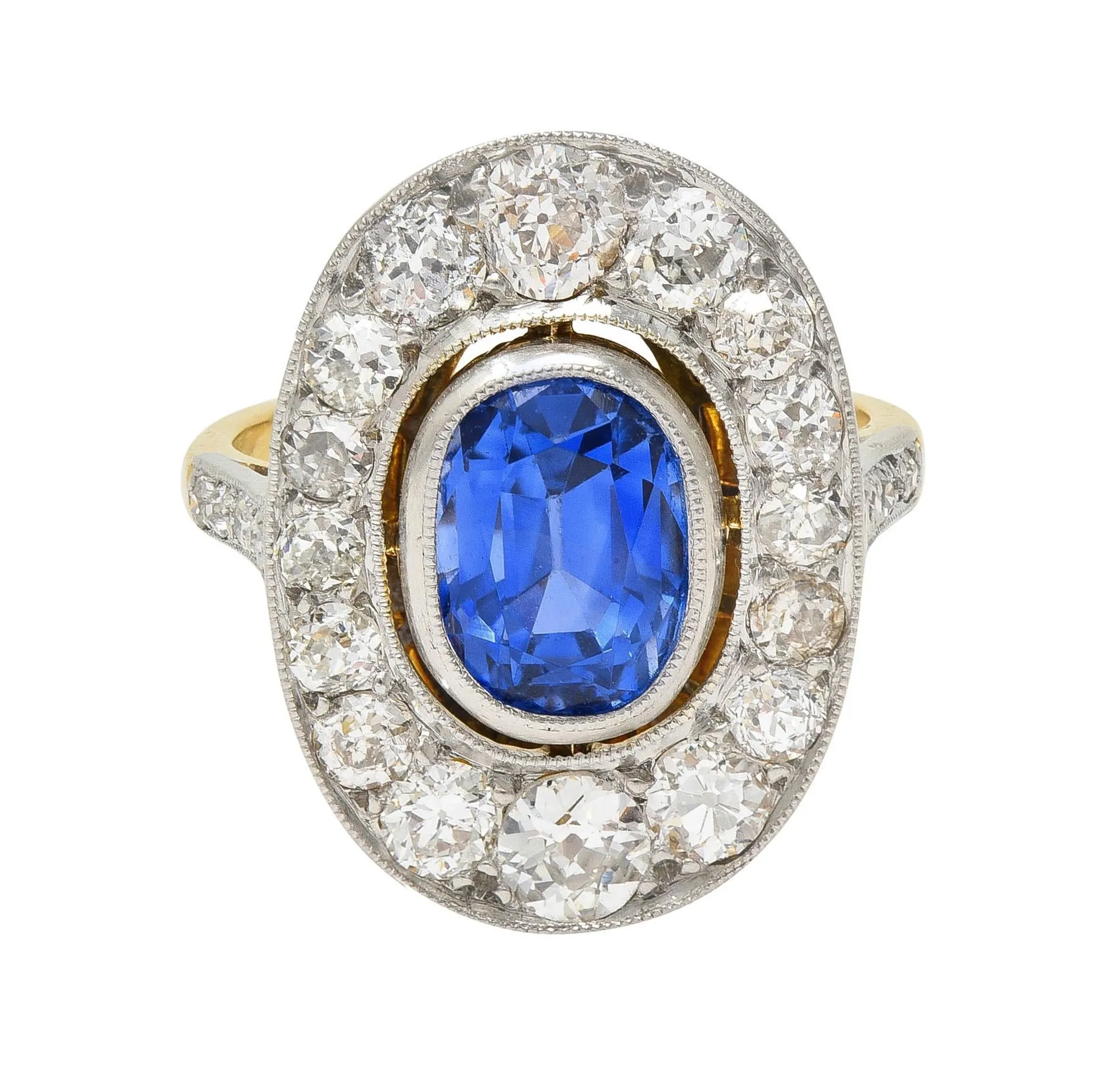 French Edwardian 3.55 CTW No Heat Ceylon Sapphire Diamond Platinum 18 Karat Gold Antique Halo Ring GIA