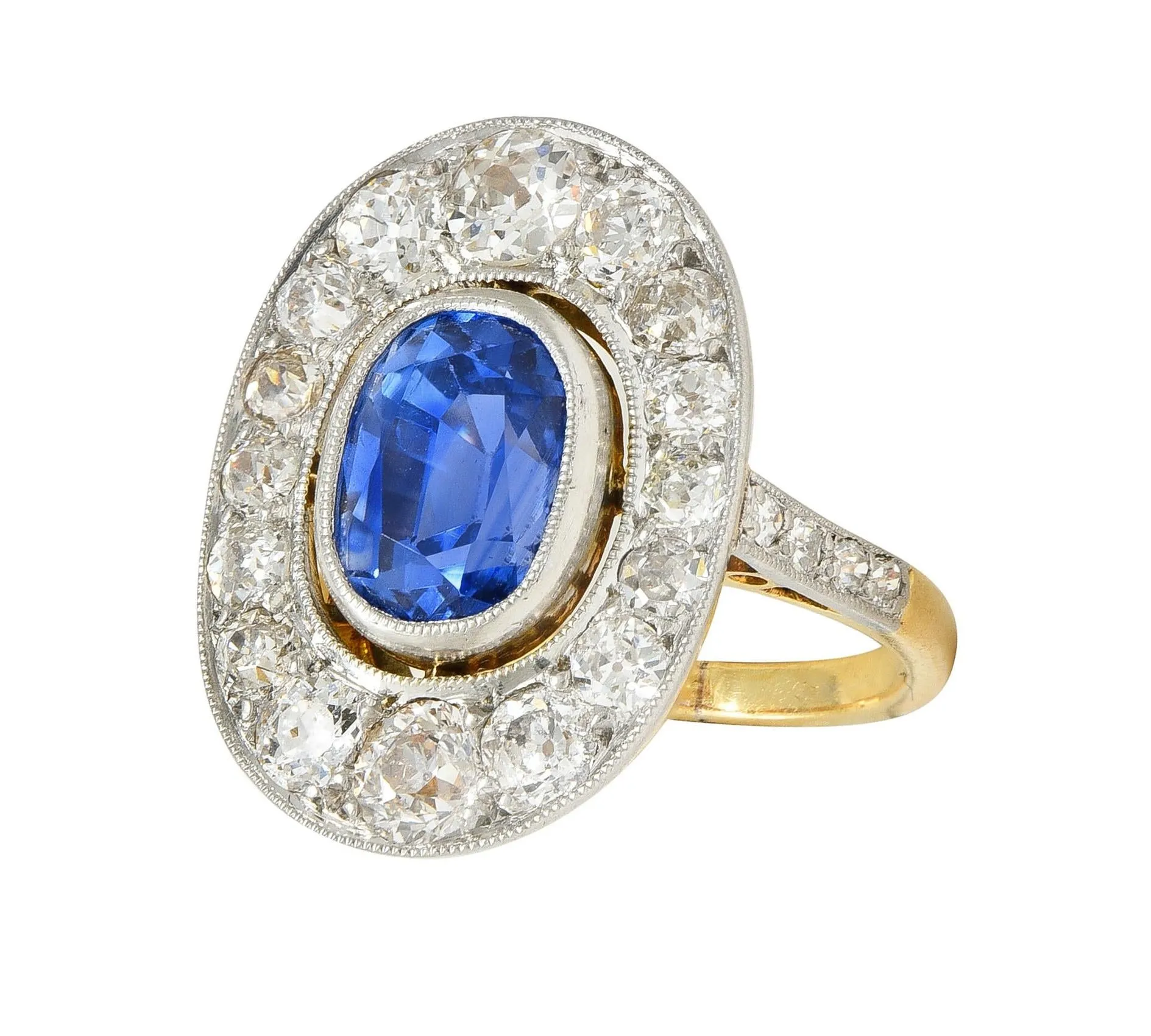 French Edwardian 3.55 CTW No Heat Ceylon Sapphire Diamond Platinum 18 Karat Gold Antique Halo Ring GIA