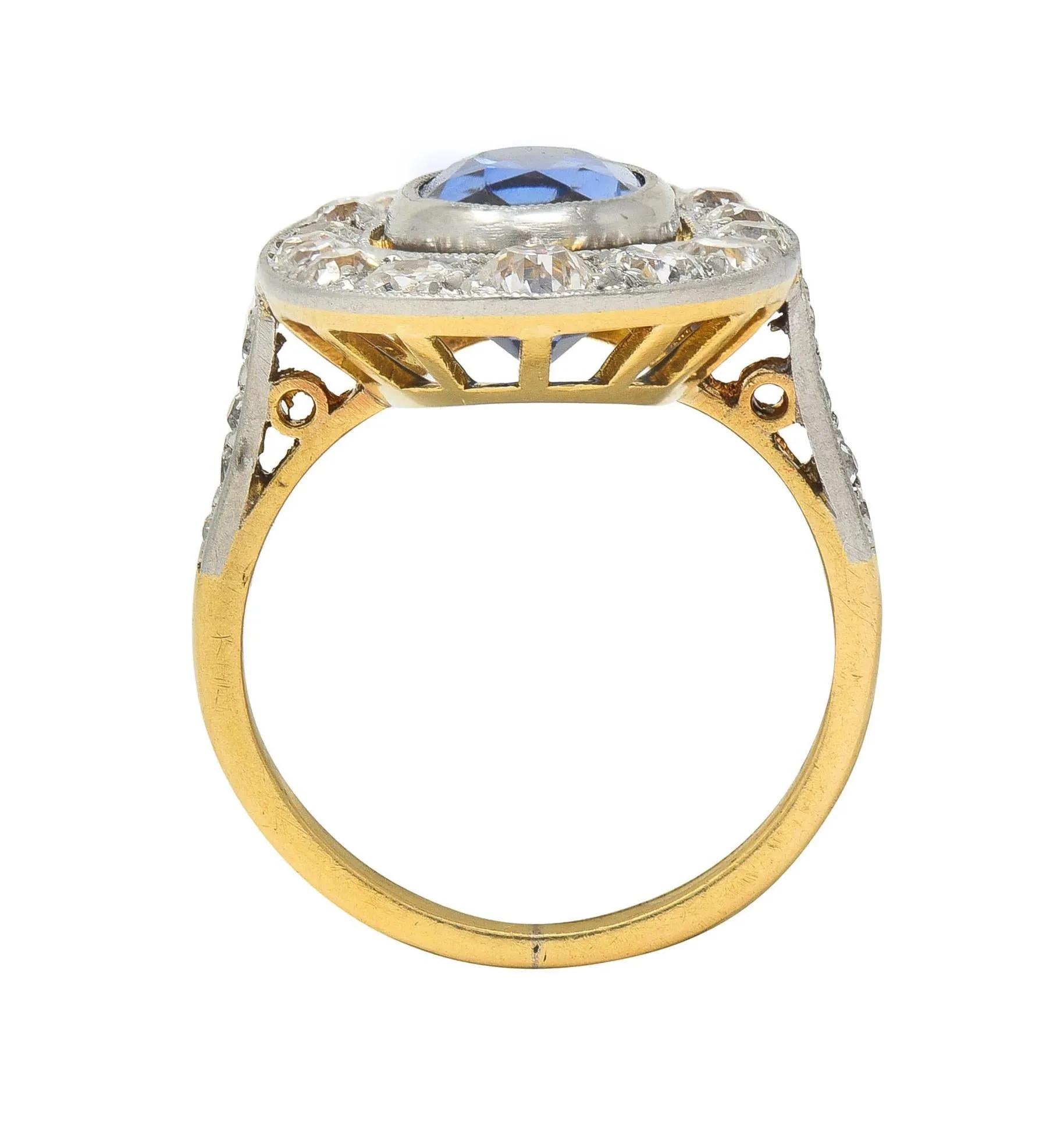 French Edwardian 3.55 CTW No Heat Ceylon Sapphire Diamond Platinum 18 Karat Gold Antique Halo Ring GIA