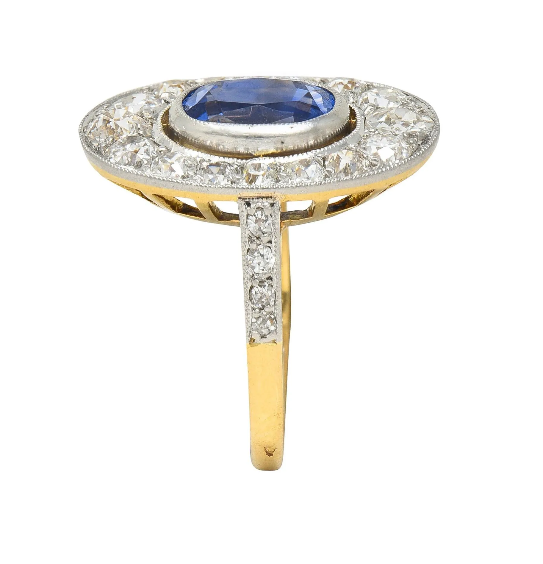 French Edwardian 3.55 CTW No Heat Ceylon Sapphire Diamond Platinum 18 Karat Gold Antique Halo Ring GIA