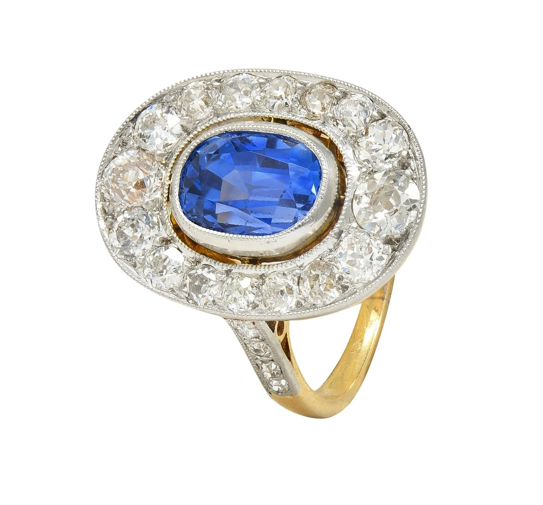 French Edwardian 3.55 CTW No Heat Ceylon Sapphire Diamond Platinum 18 Karat Gold Antique Halo Ring GIA