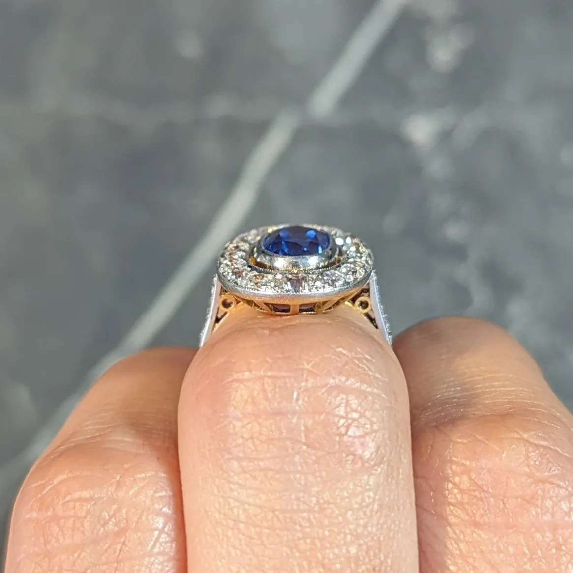 French Edwardian 3.55 CTW No Heat Ceylon Sapphire Diamond Platinum 18 Karat Gold Antique Halo Ring GIA