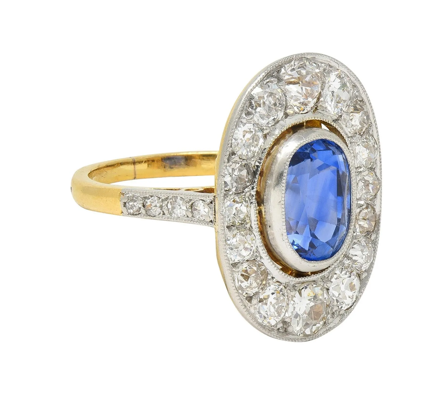 French Edwardian 3.55 CTW No Heat Ceylon Sapphire Diamond Platinum 18 Karat Gold Antique Halo Ring GIA