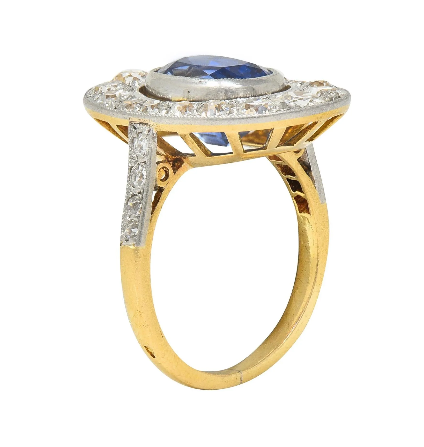 French Edwardian 3.55 CTW No Heat Ceylon Sapphire Diamond Platinum 18 Karat Gold Antique Halo Ring GIA