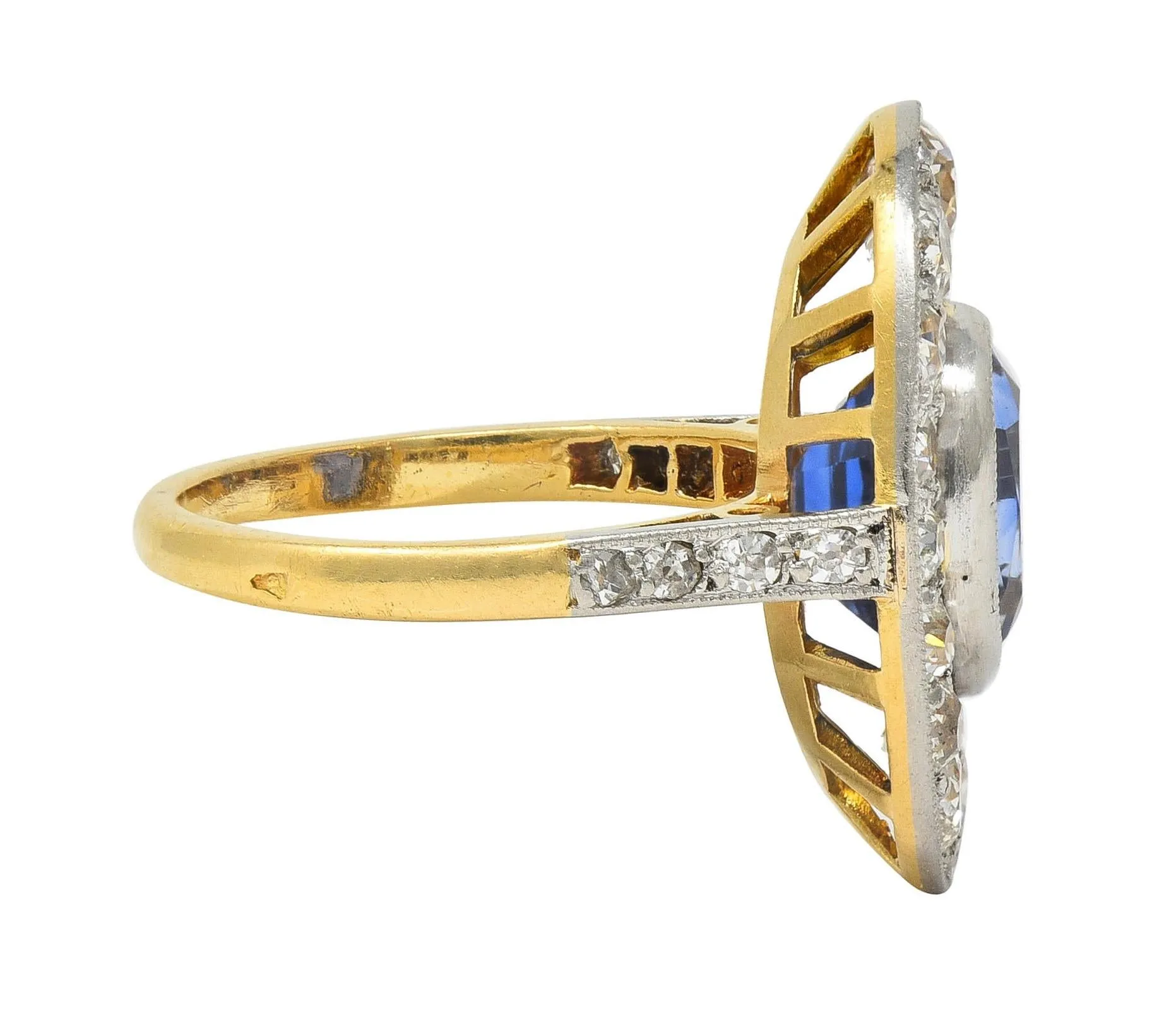 French Edwardian 3.55 CTW No Heat Ceylon Sapphire Diamond Platinum 18 Karat Gold Antique Halo Ring GIA