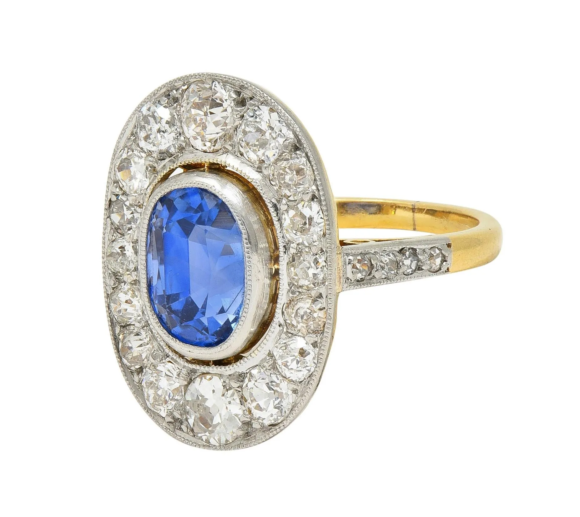 French Edwardian 3.55 CTW No Heat Ceylon Sapphire Diamond Platinum 18 Karat Gold Antique Halo Ring GIA