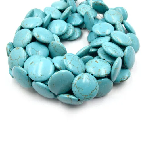 Gemstone Beads, Howlite, Magnesite, Natural, Round, Puffy Coin, (Dyed), Turquoise, 20mm