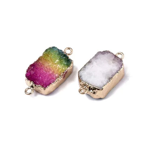 Gemstone Connectors, Natural, Druzy Agate, (Dyed), Rectangle, Multicolored, Golden, Iron, Link, 34-38mm