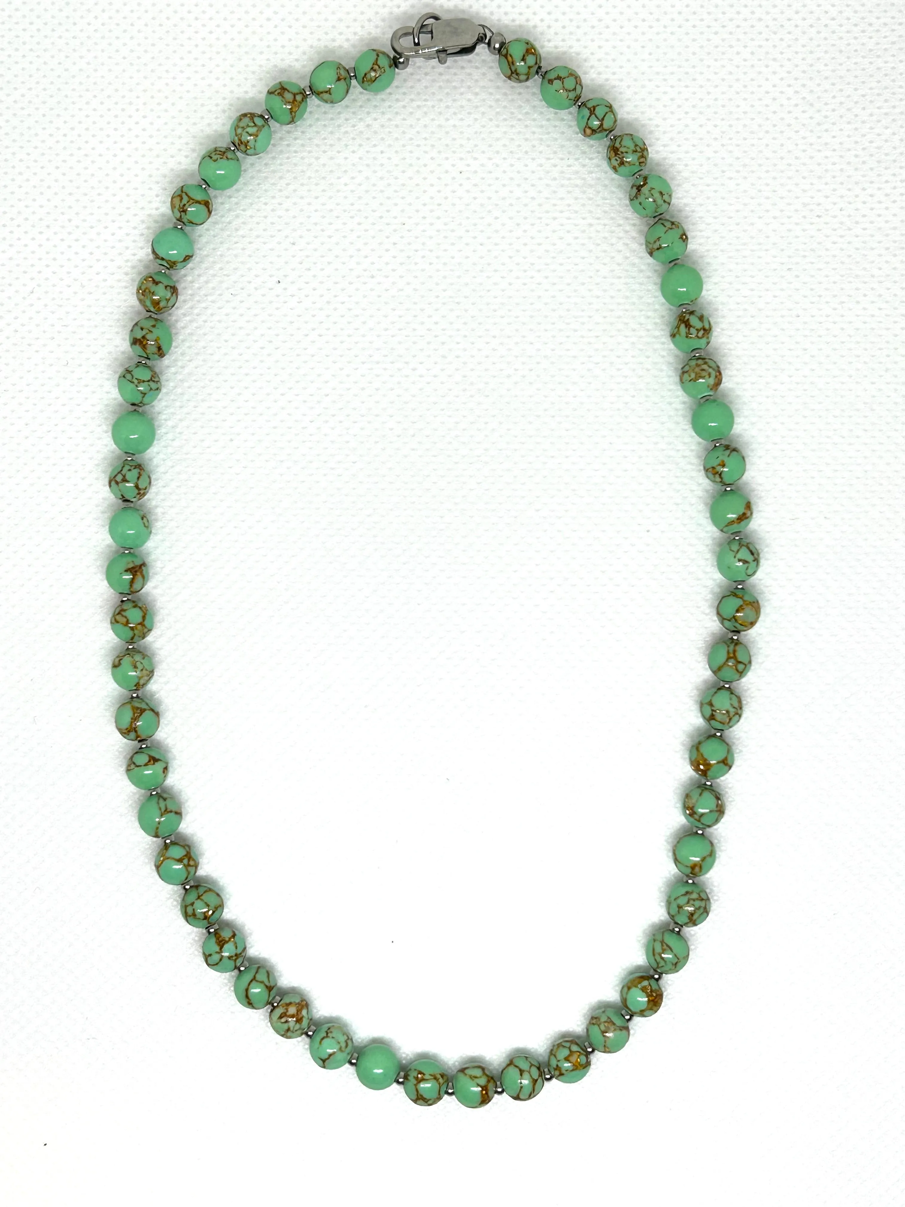 Genuine Gold Vein Howlite (in dyed green color) necklace with hypoallergenic stainless steel beads and clasp. EP118