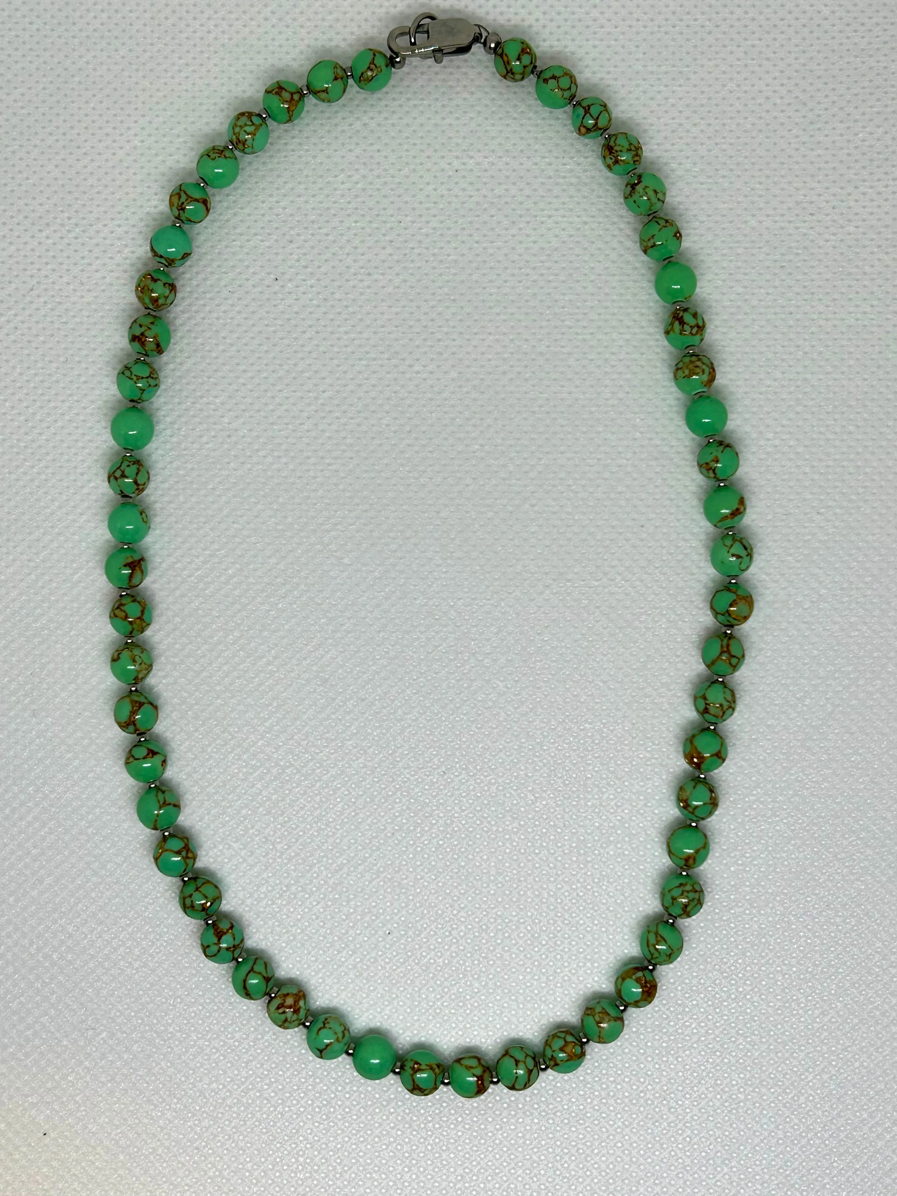 Genuine Gold Vein Howlite (in dyed green color) necklace with hypoallergenic stainless steel beads and clasp. EP118