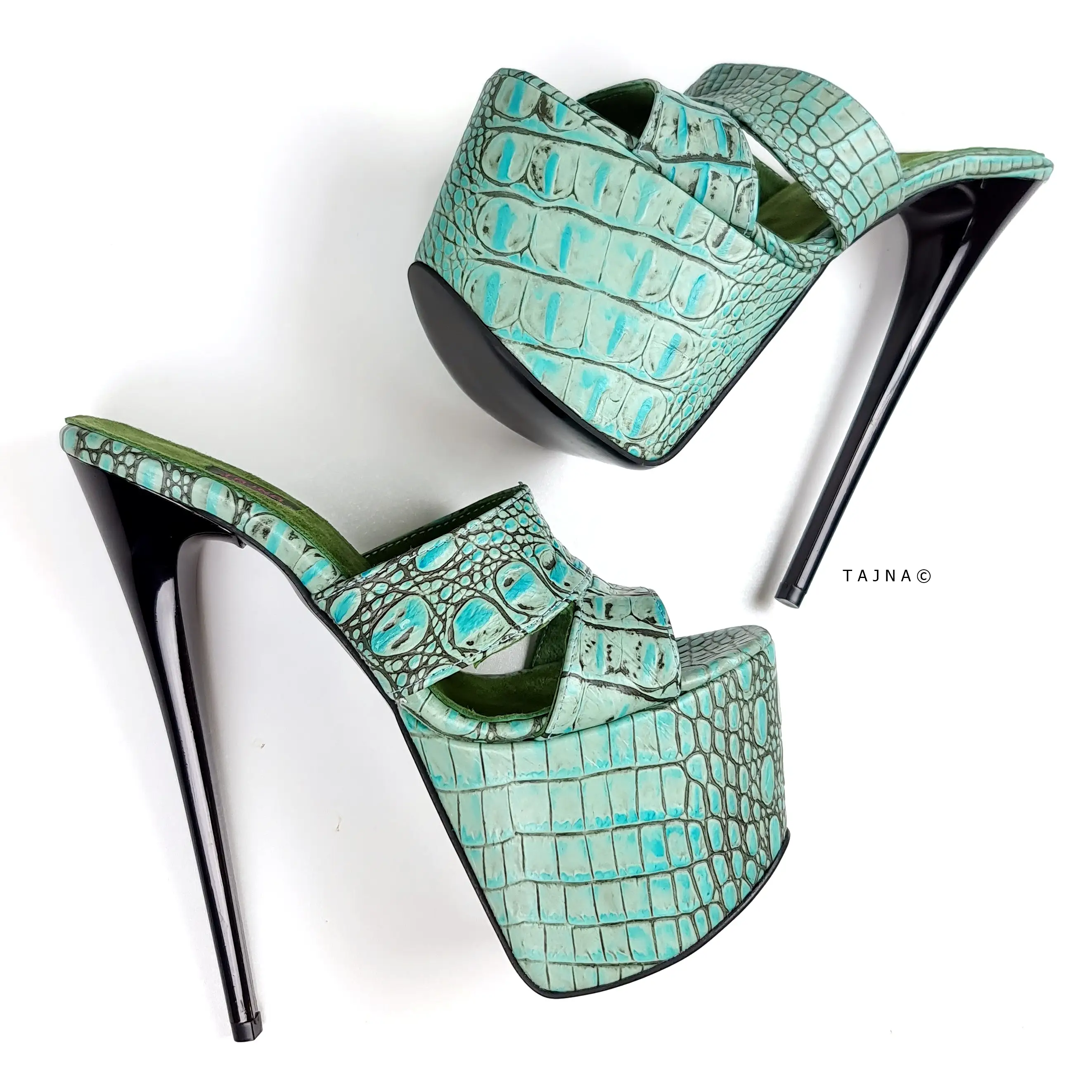 Genuine Leather Turquoise Croco Print Mules