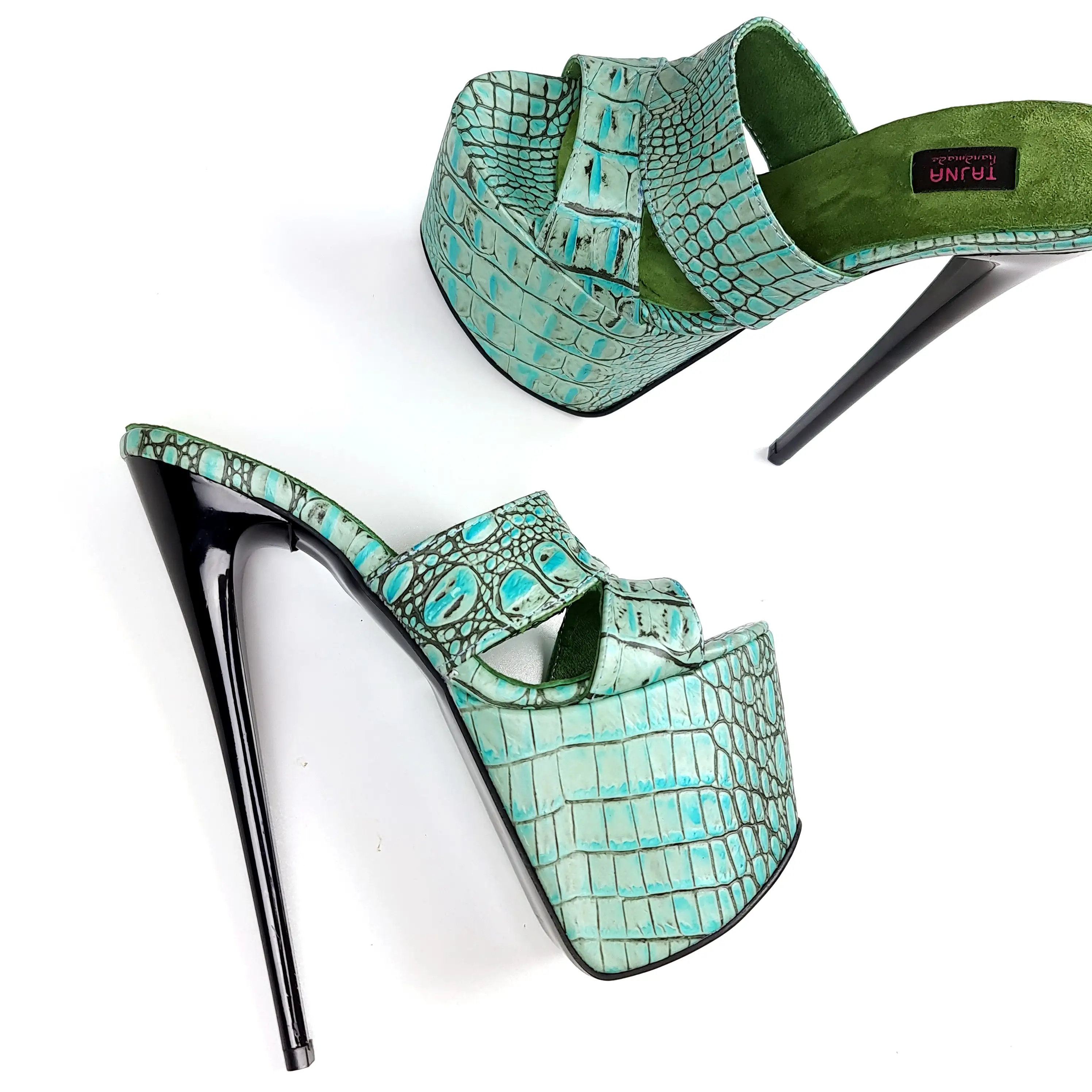 Genuine Leather Turquoise Croco Print Mules