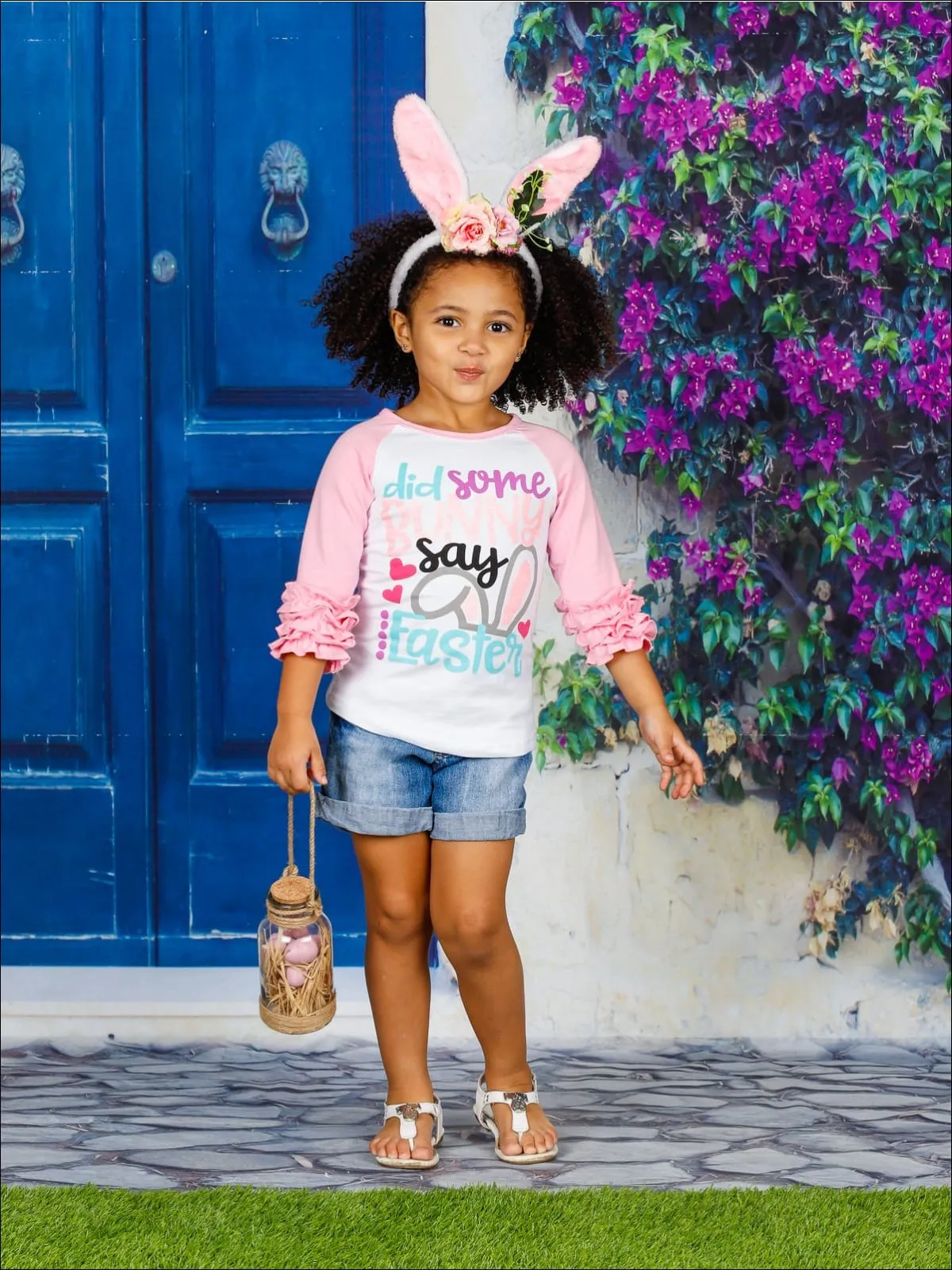 Girls Easter Themed Did Some Bunny Say Easter Long Raglan Sleeve Ruffled Top