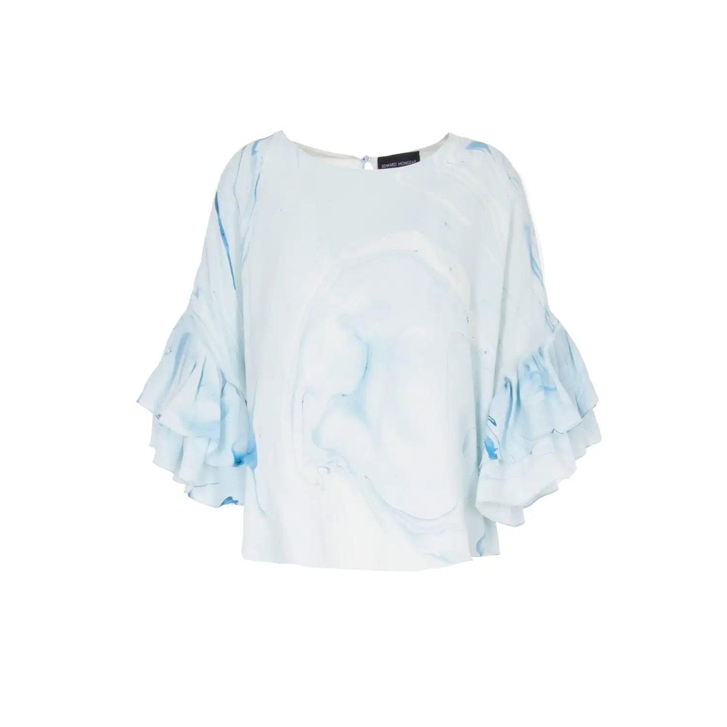 Hand Marbled Silk Ruffled Flounce Top - Blue & White