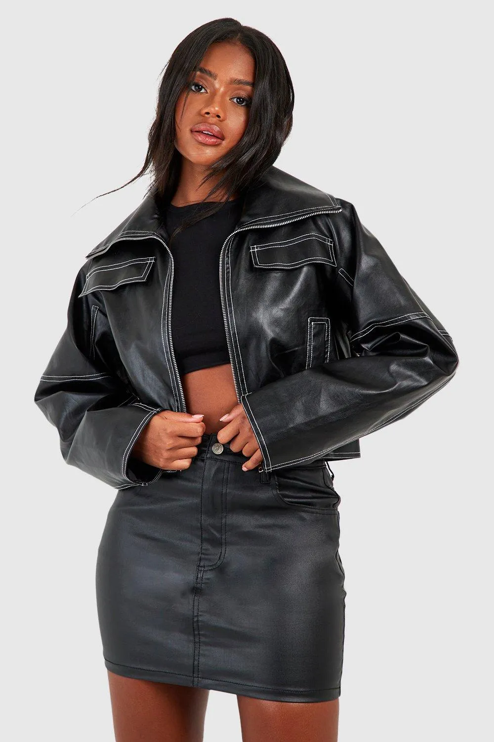 Jackets & Coats | Contrast Detail Faux Leather Jacket | boohoo