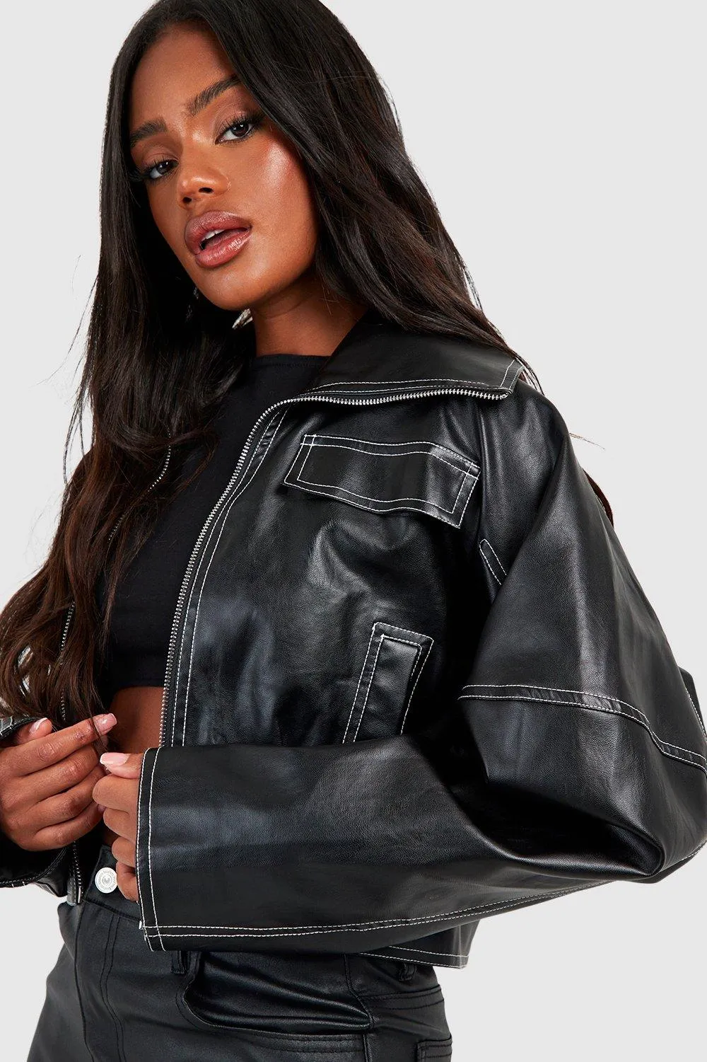 Jackets & Coats | Contrast Detail Faux Leather Jacket | boohoo