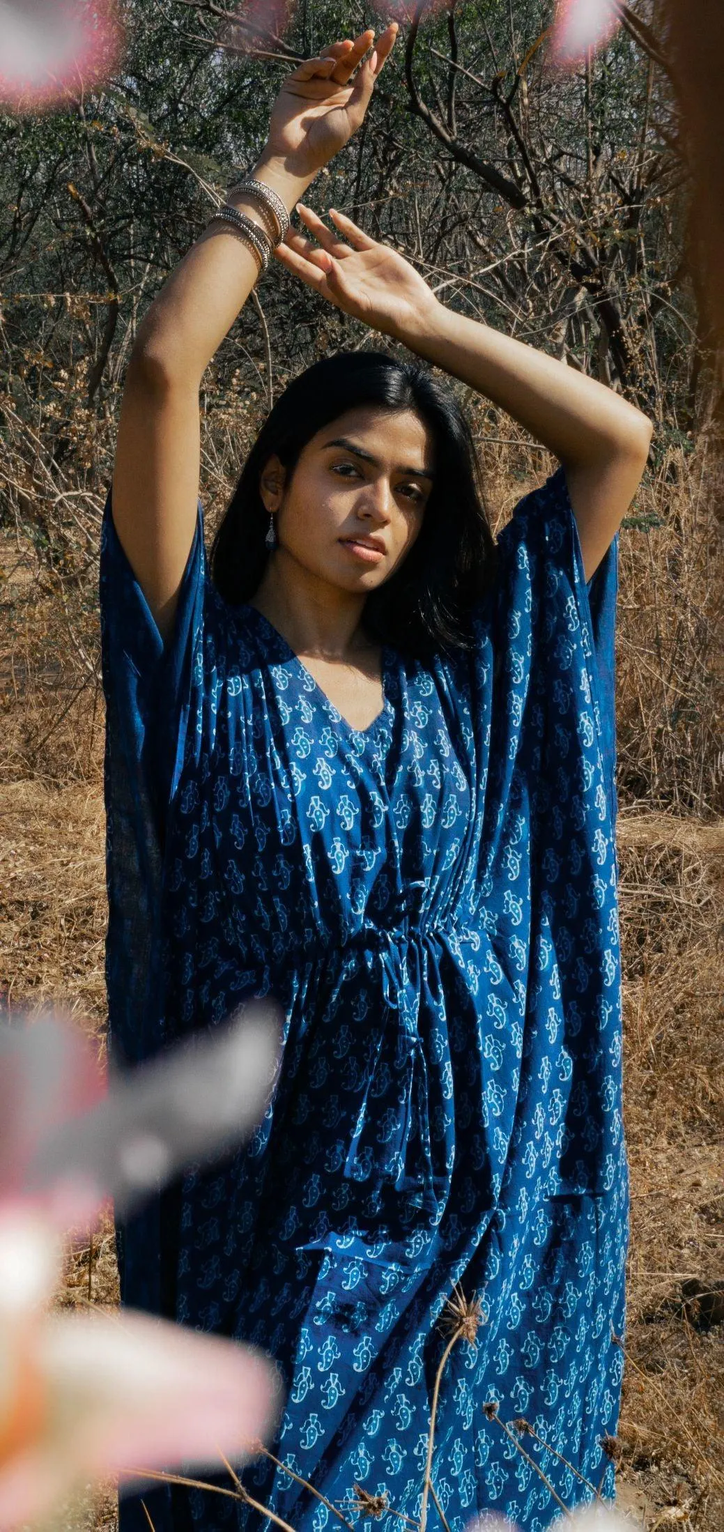 Kaisori Mulmul boota natural dyed Indigo block printed Kaftan