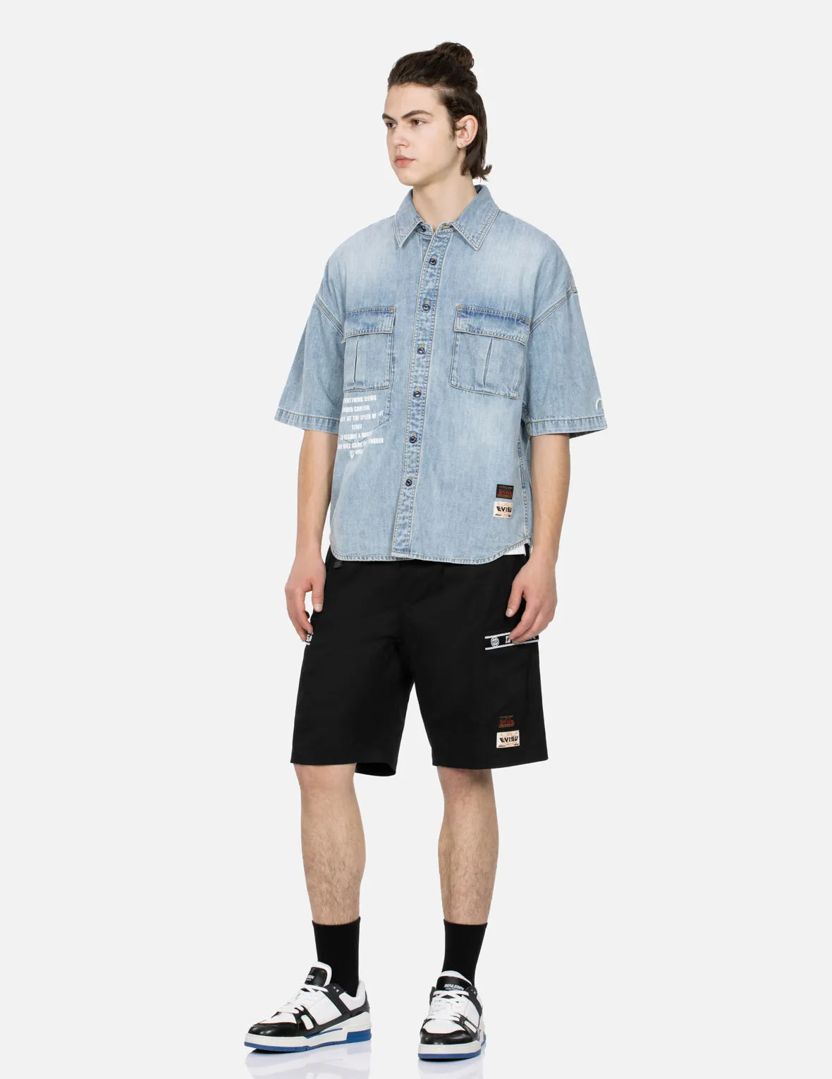 Kamon and Logo Embroidery Belted Cargo Shorts