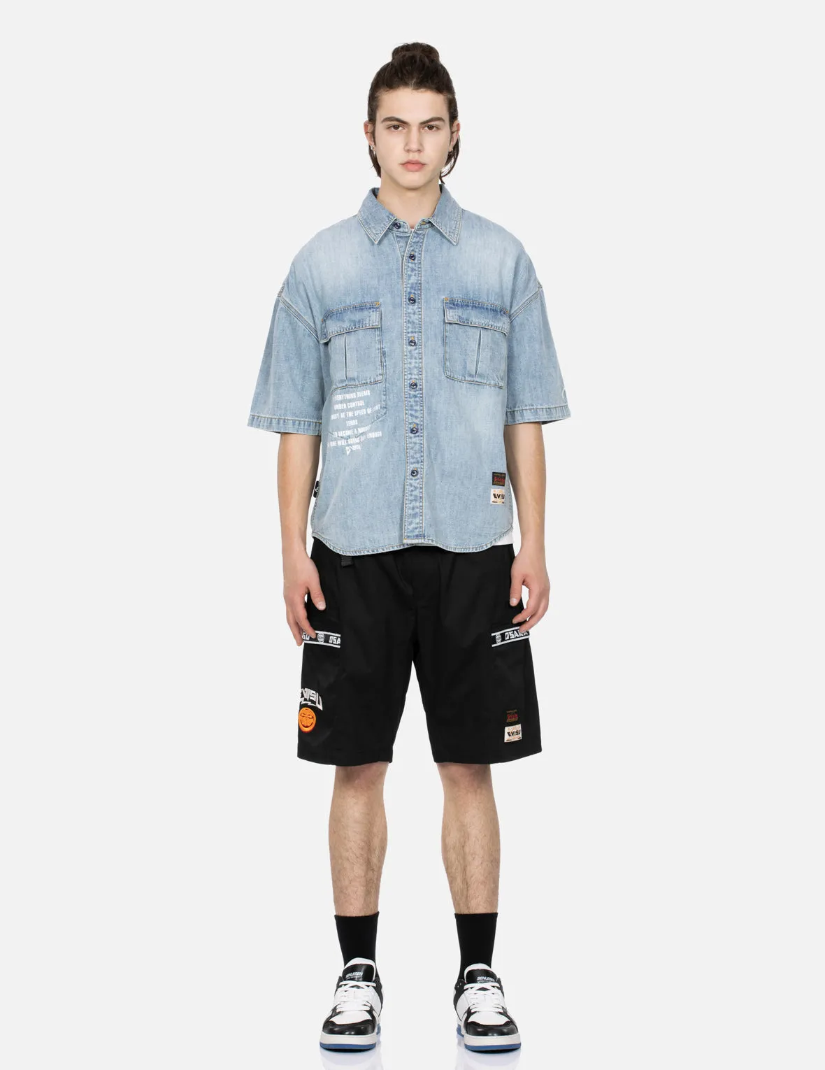 Kamon and Logo Embroidery Belted Cargo Shorts