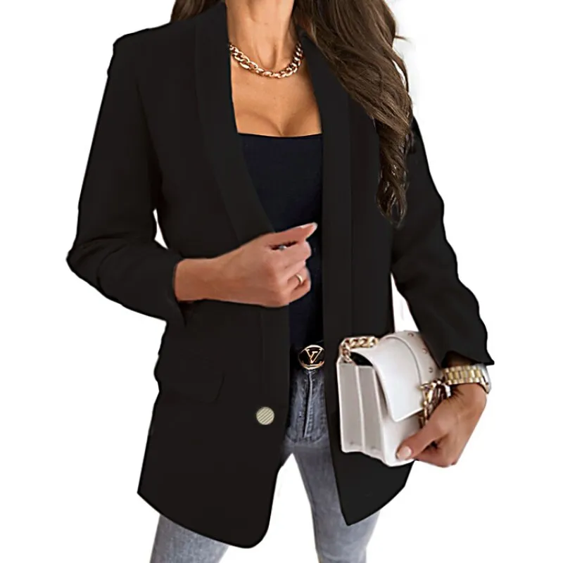 Long Sleeve Cardigan Women Jacket Solid Color Lapel Button Slim Temperament Suit Blazer Women Coats