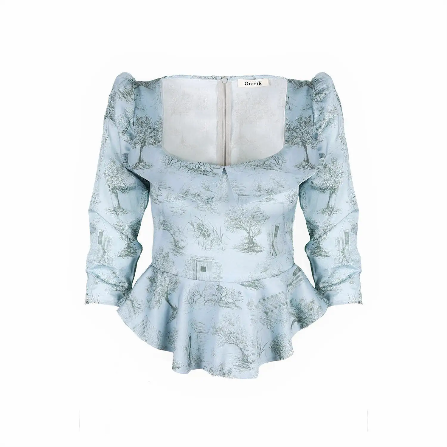 Mari Top / Cottage Blue + Pewter Green Cotton Toile