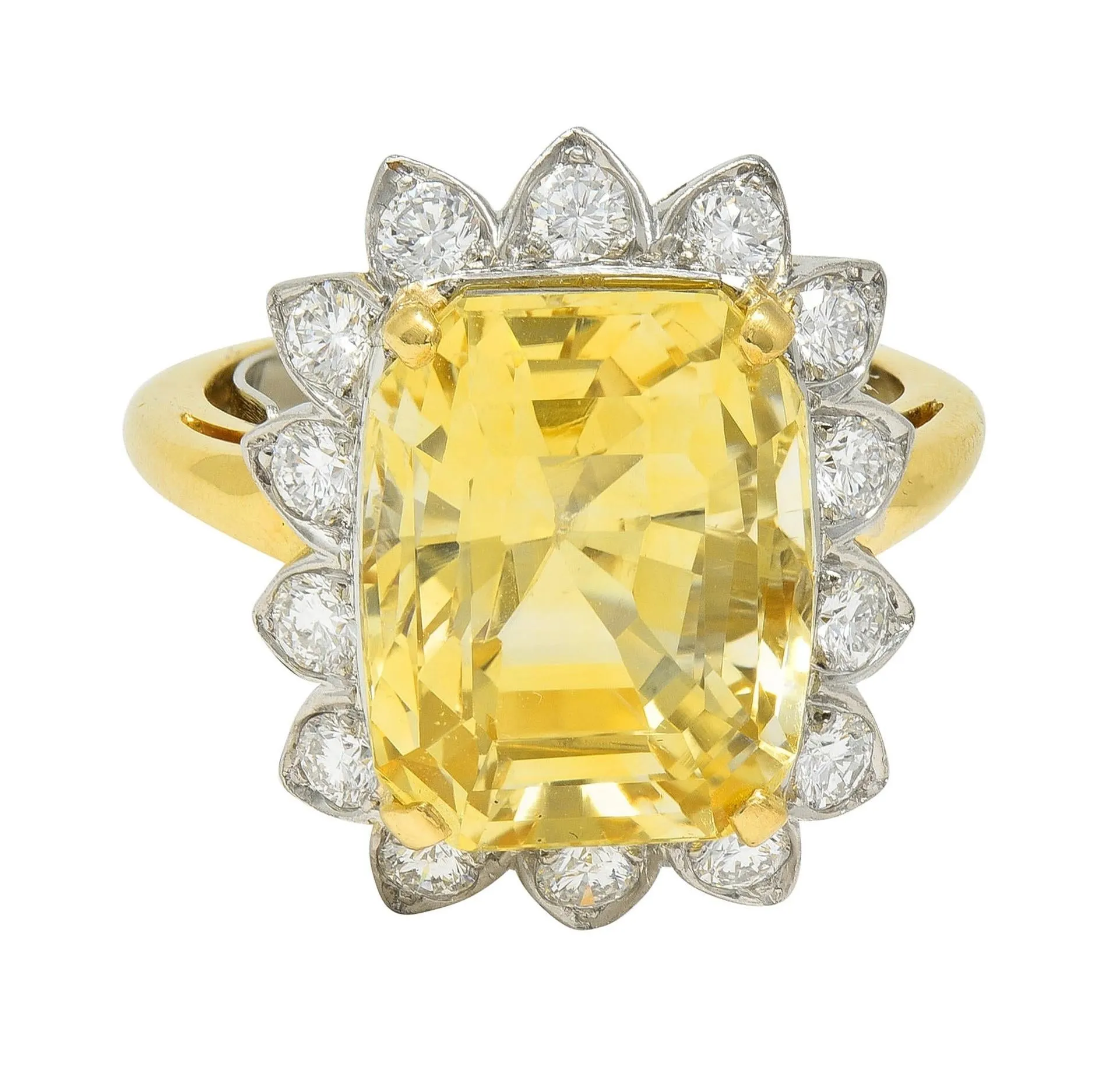 McTeigue & Co. Mid-Century 17.73 CTW No Heat Yellow Ceylon Sapphire Diamond Platinum 18 Karat Gold Halo Ring GIA