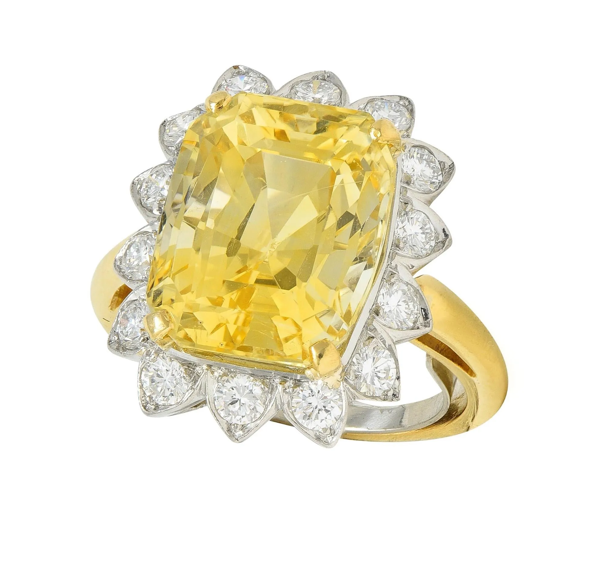 McTeigue & Co. Mid-Century 17.73 CTW No Heat Yellow Ceylon Sapphire Diamond Platinum 18 Karat Gold Halo Ring GIA