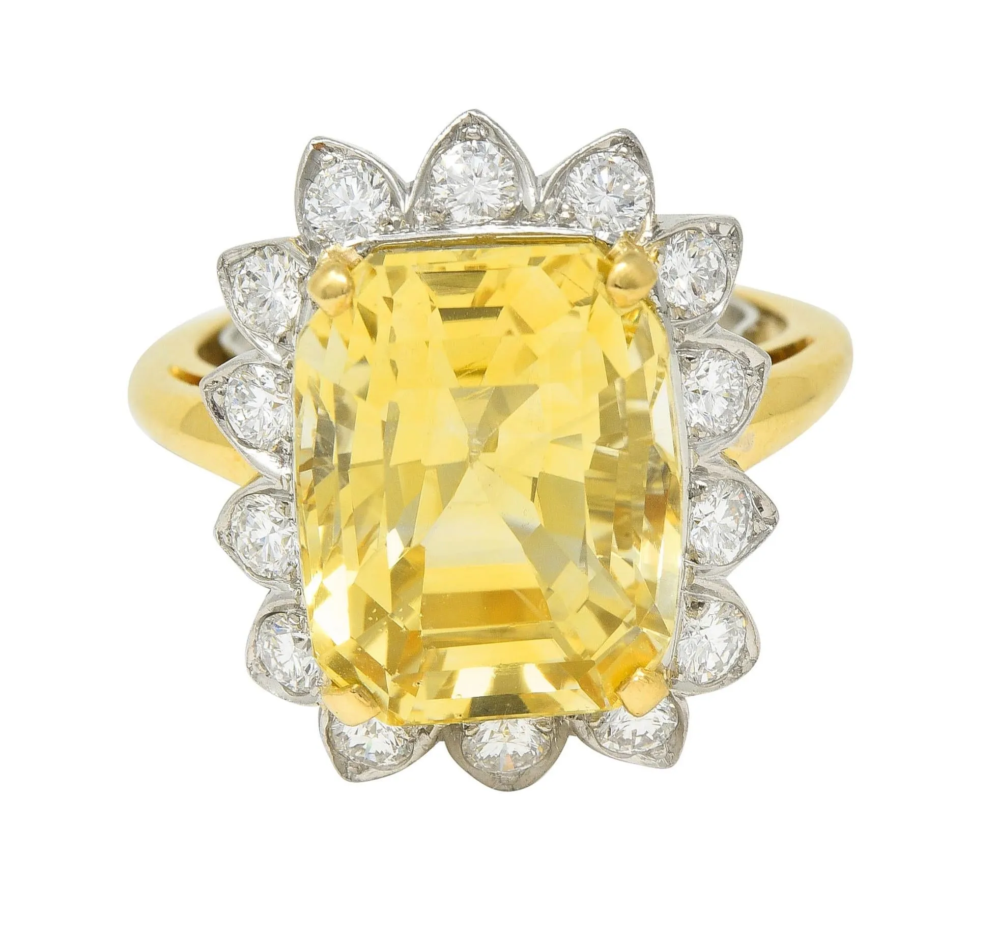 McTeigue & Co. Mid-Century 17.73 CTW No Heat Yellow Ceylon Sapphire Diamond Platinum 18 Karat Gold Halo Ring GIA