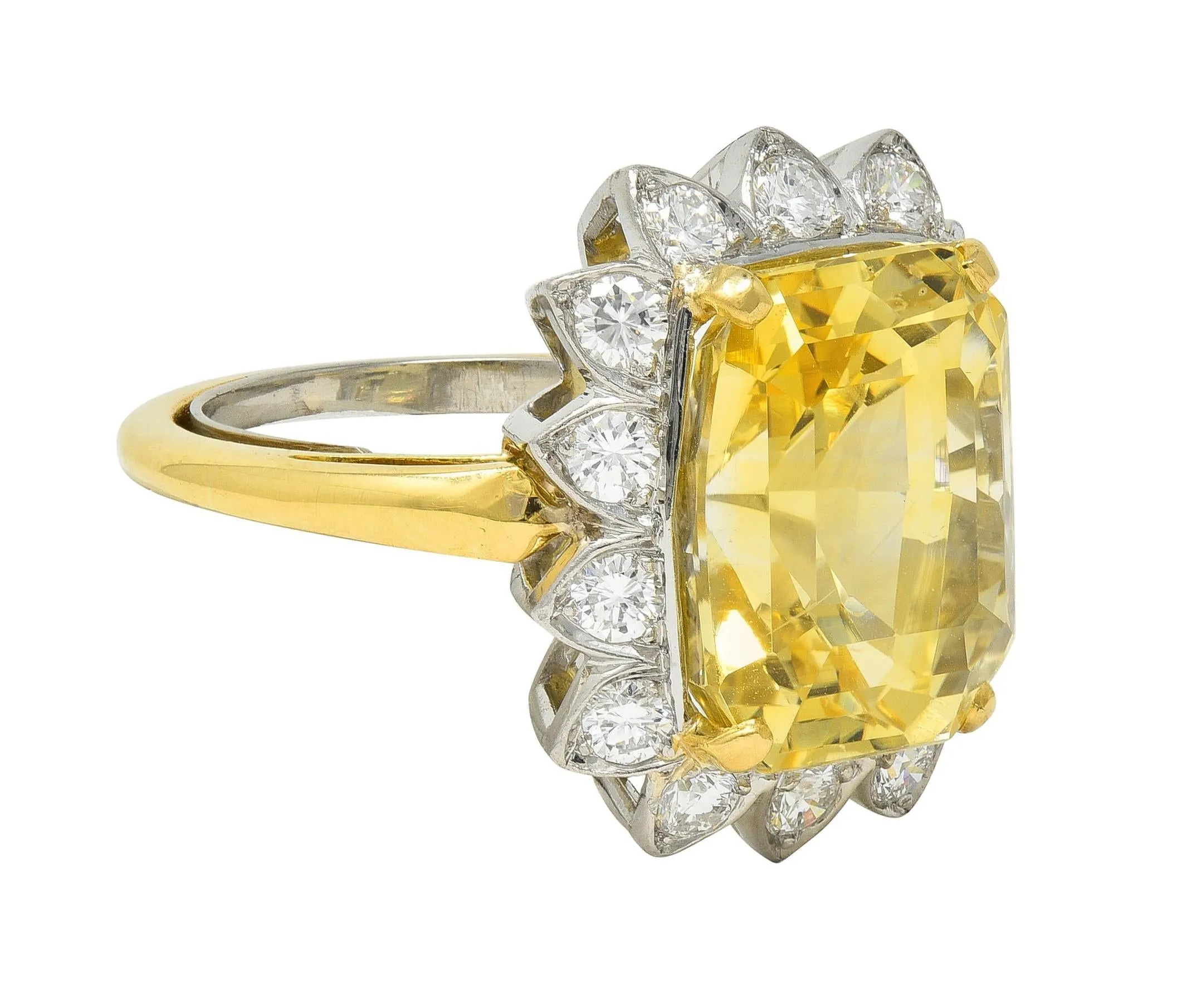 McTeigue & Co. Mid-Century 17.73 CTW No Heat Yellow Ceylon Sapphire Diamond Platinum 18 Karat Gold Halo Ring GIA