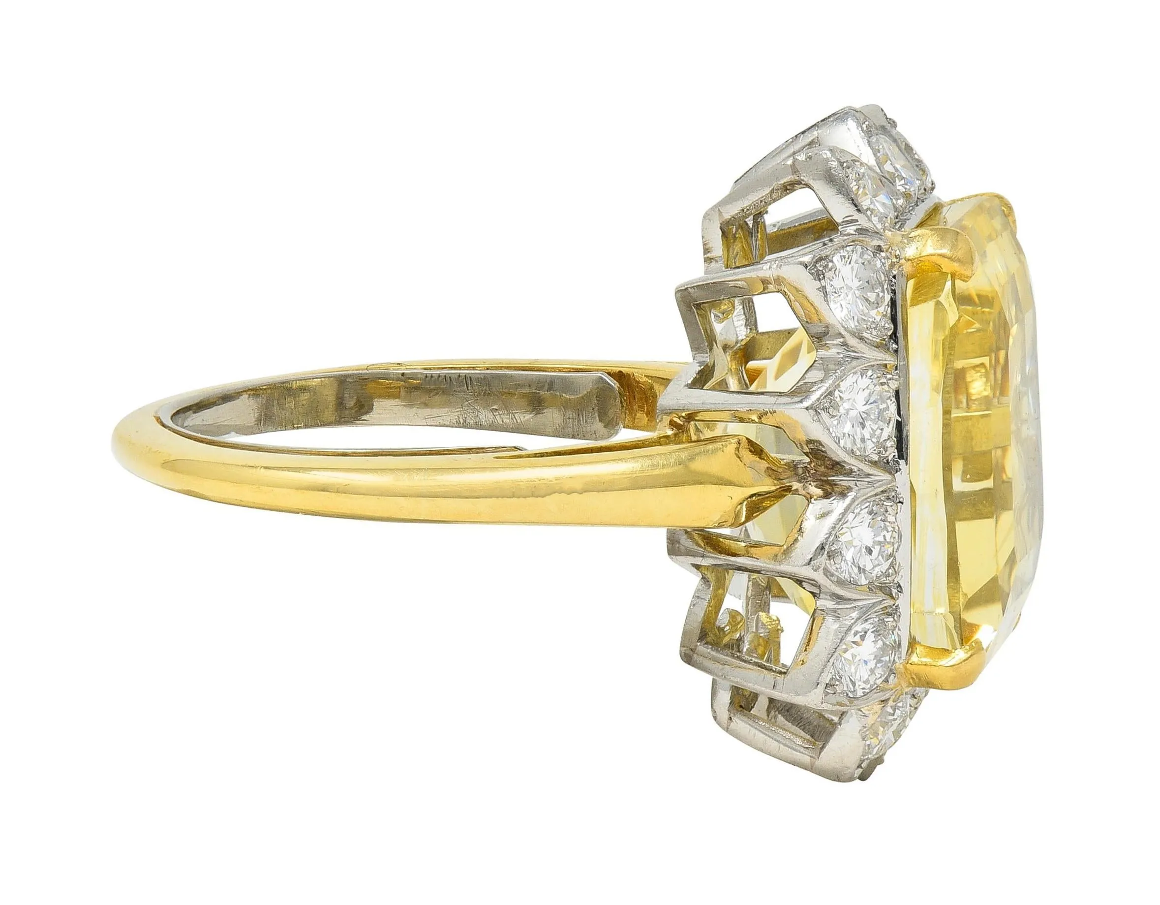 McTeigue & Co. Mid-Century 17.73 CTW No Heat Yellow Ceylon Sapphire Diamond Platinum 18 Karat Gold Halo Ring GIA