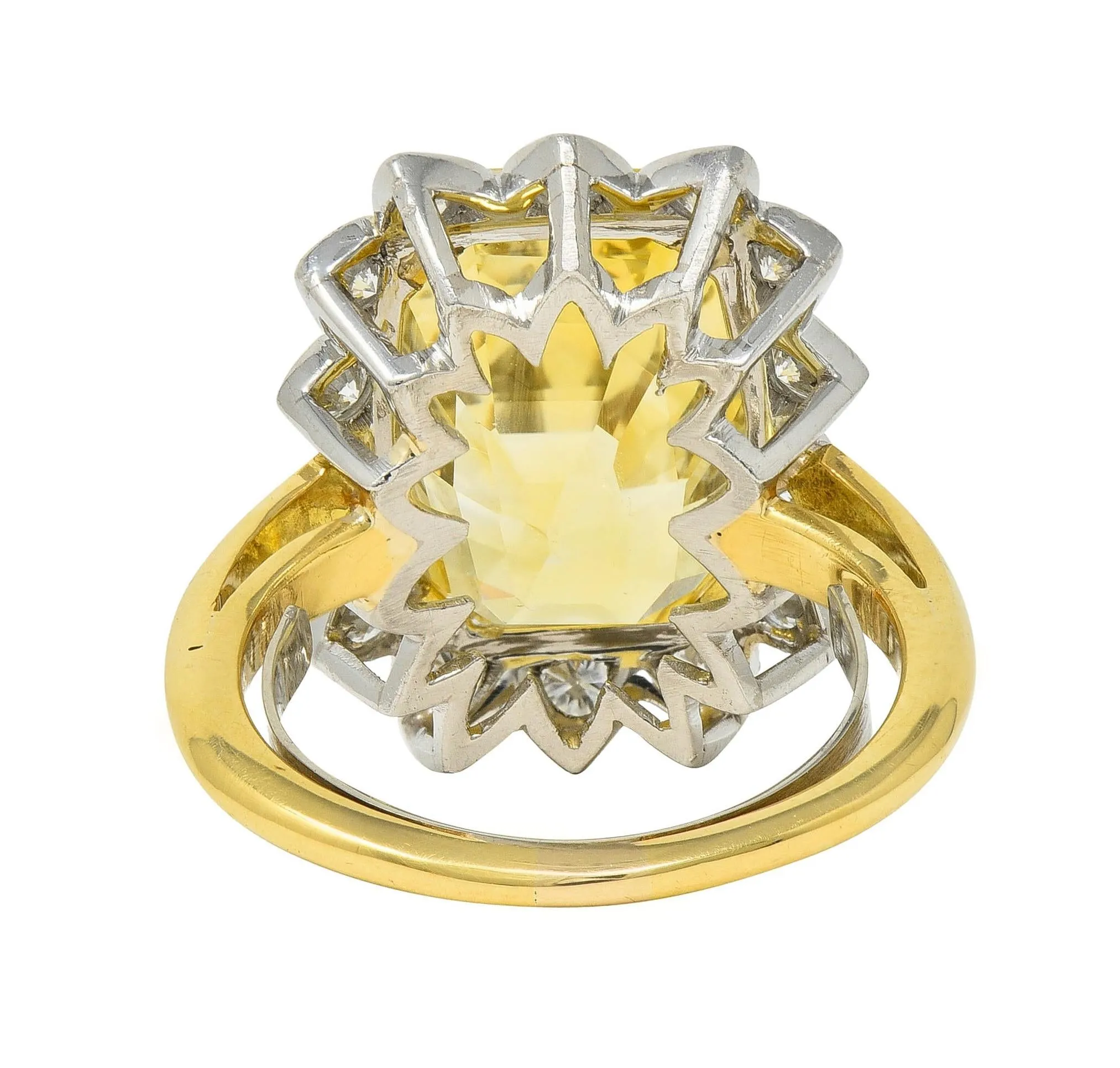 McTeigue & Co. Mid-Century 17.73 CTW No Heat Yellow Ceylon Sapphire Diamond Platinum 18 Karat Gold Halo Ring GIA