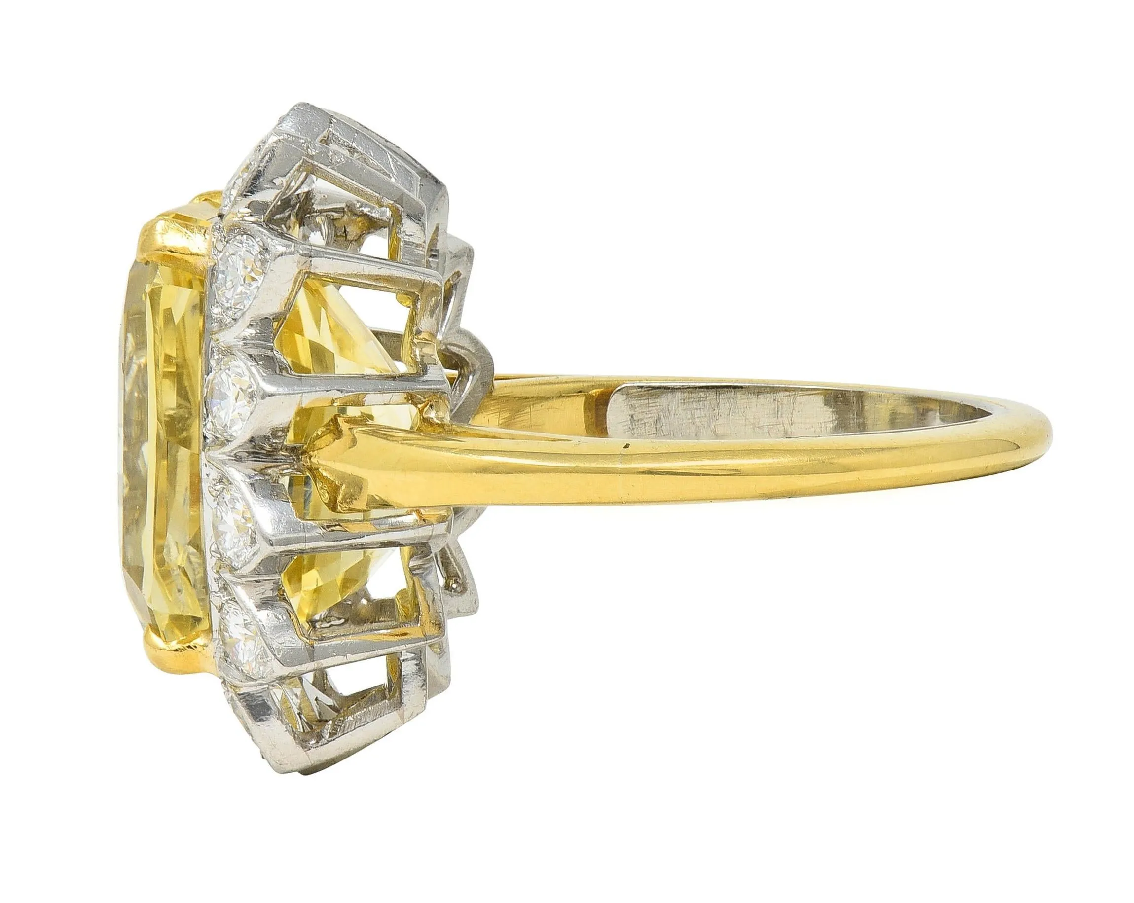 McTeigue & Co. Mid-Century 17.73 CTW No Heat Yellow Ceylon Sapphire Diamond Platinum 18 Karat Gold Halo Ring GIA