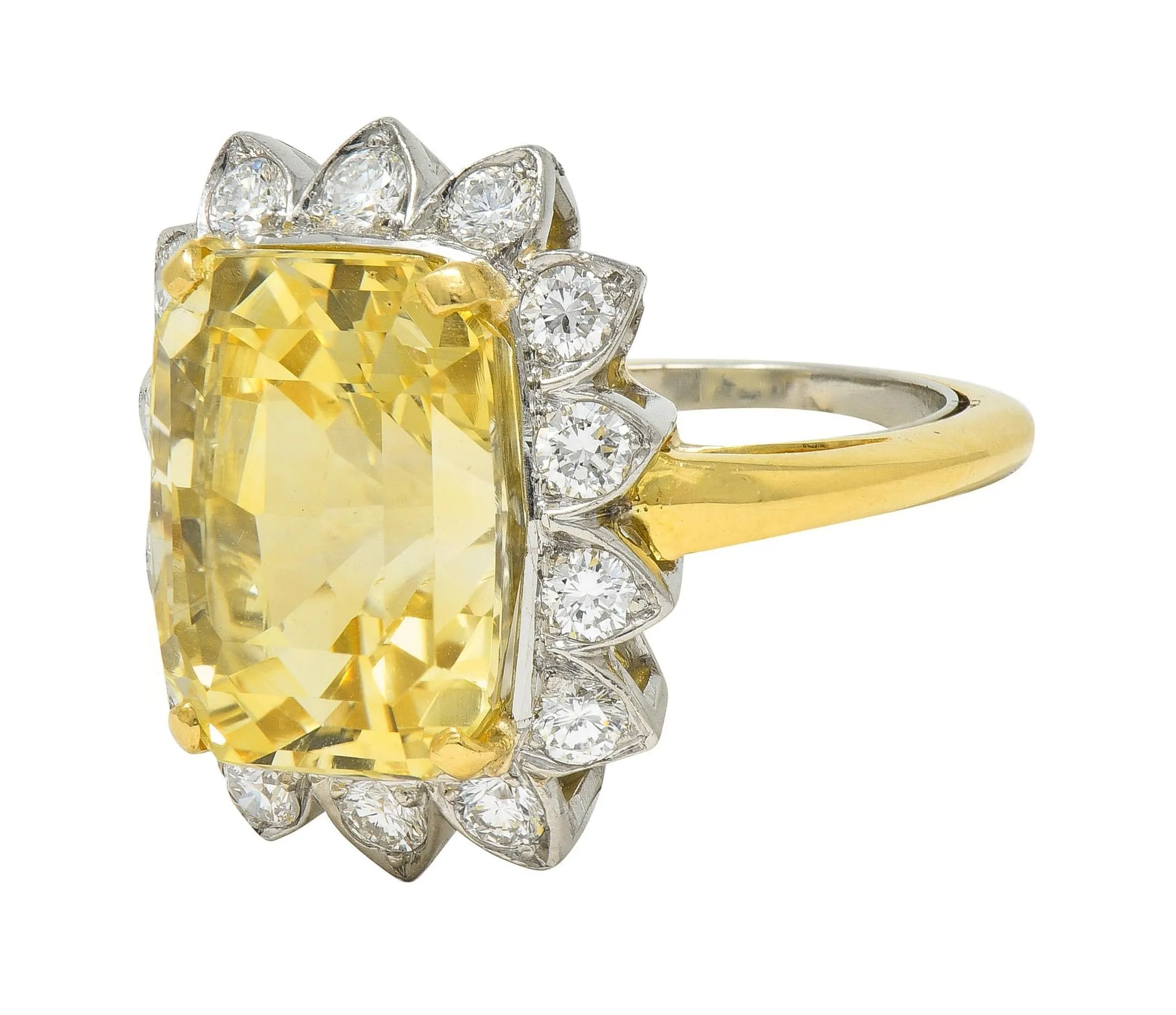 McTeigue & Co. Mid-Century 17.73 CTW No Heat Yellow Ceylon Sapphire Diamond Platinum 18 Karat Gold Halo Ring GIA