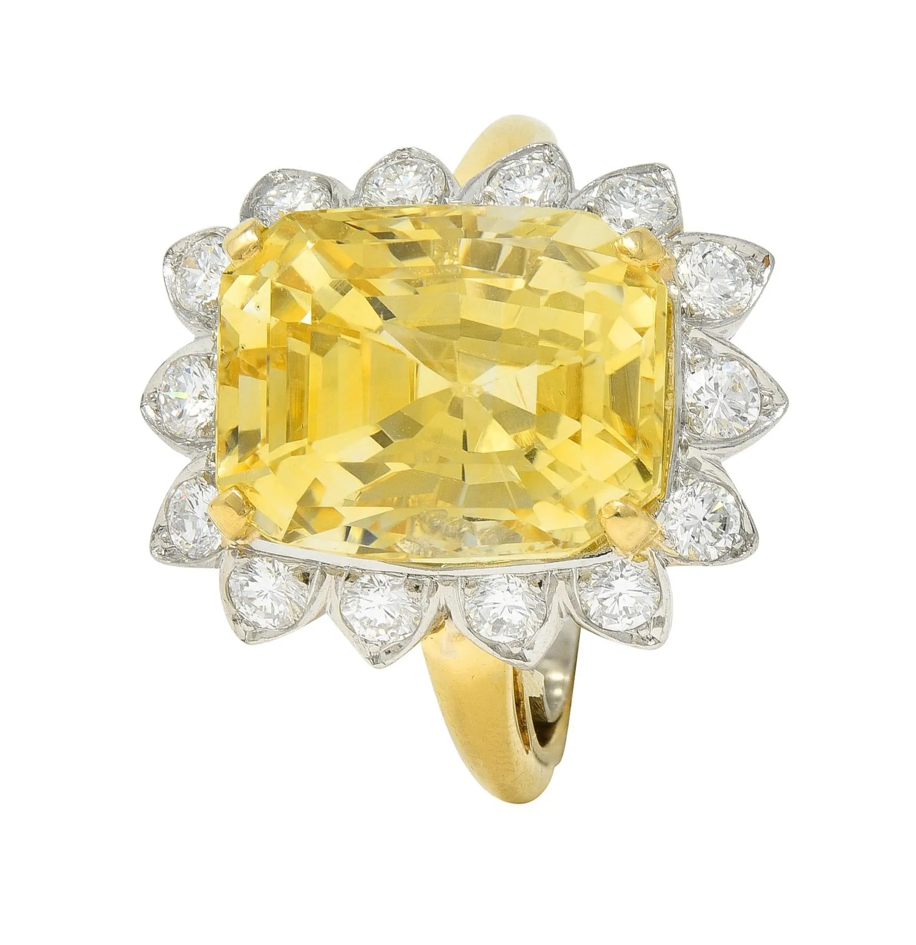 McTeigue & Co. Mid-Century 17.73 CTW No Heat Yellow Ceylon Sapphire Diamond Platinum 18 Karat Gold Halo Ring GIA