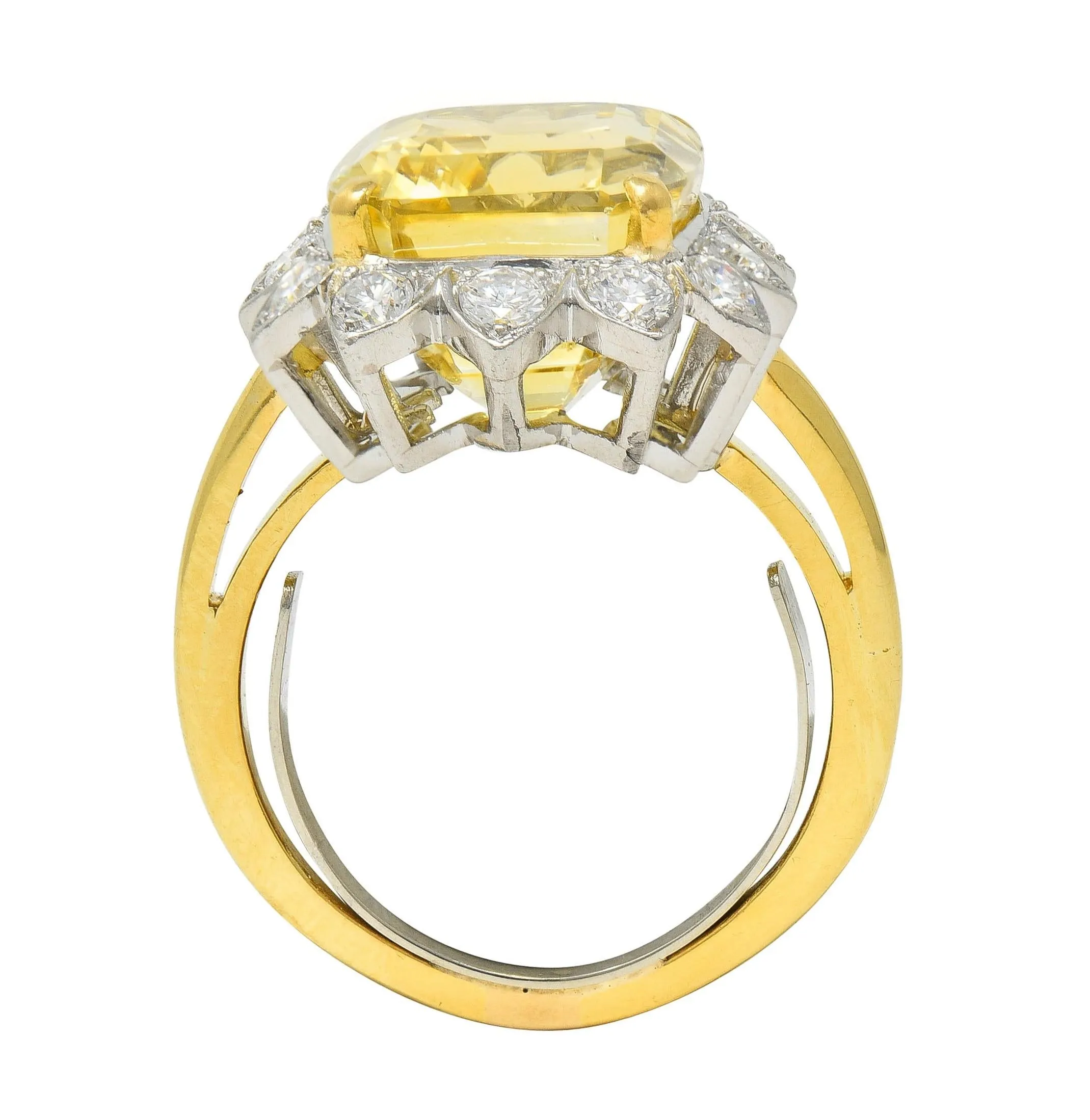 McTeigue & Co. Mid-Century 17.73 CTW No Heat Yellow Ceylon Sapphire Diamond Platinum 18 Karat Gold Halo Ring GIA