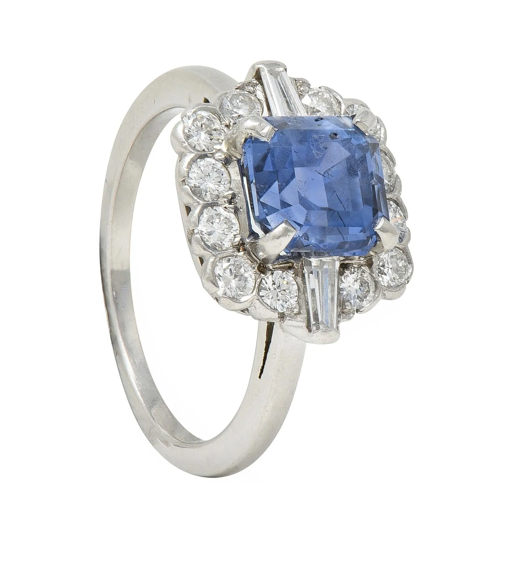 Mid-Century 2.78 CTW No Heat Ceylon Sapphire Diamond Platinum Vintage Cluster Ring GIA