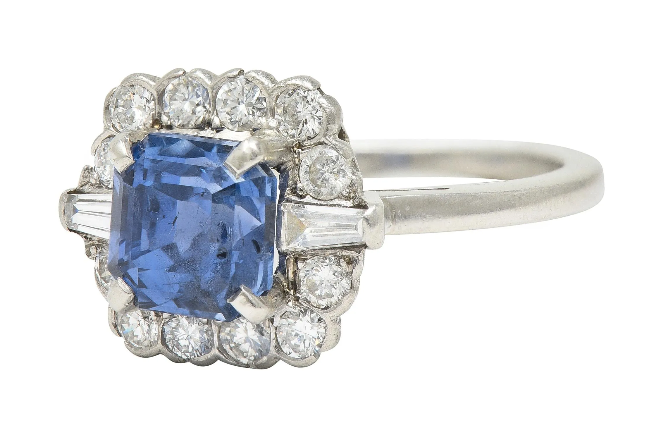 Mid-Century 2.78 CTW No Heat Ceylon Sapphire Diamond Platinum Vintage Cluster Ring GIA